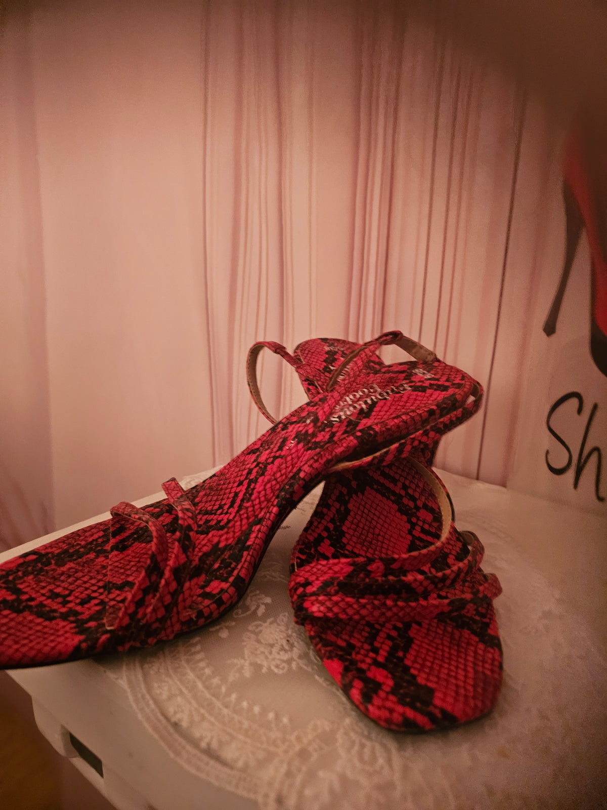 Ladies Red & Black Strappy Snakeskin Slingbacks