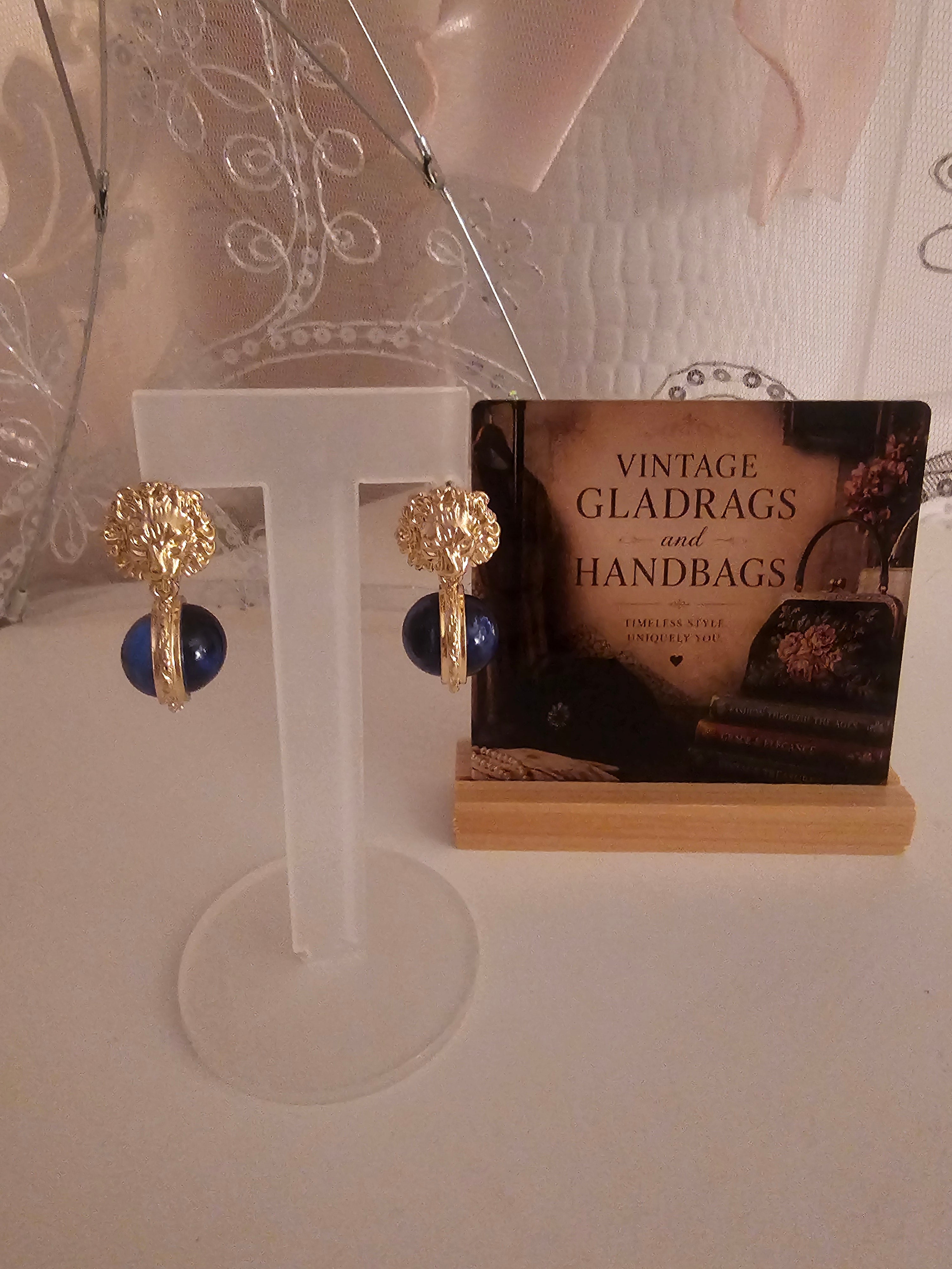 Ladies gold versace style blue ball droplet earrings