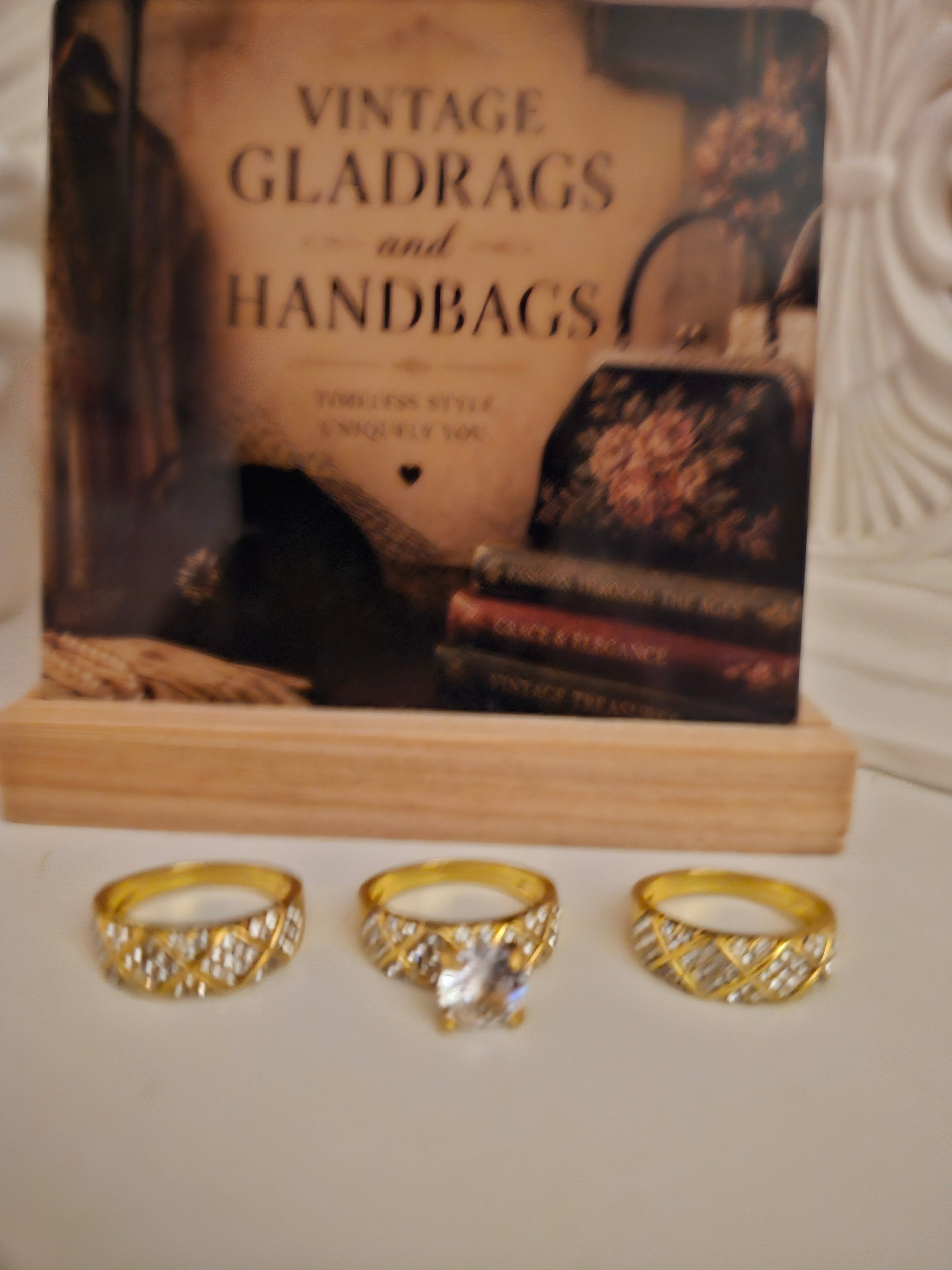Ladies Yellow Gold set of 3 Dress Rings with diamonte settings