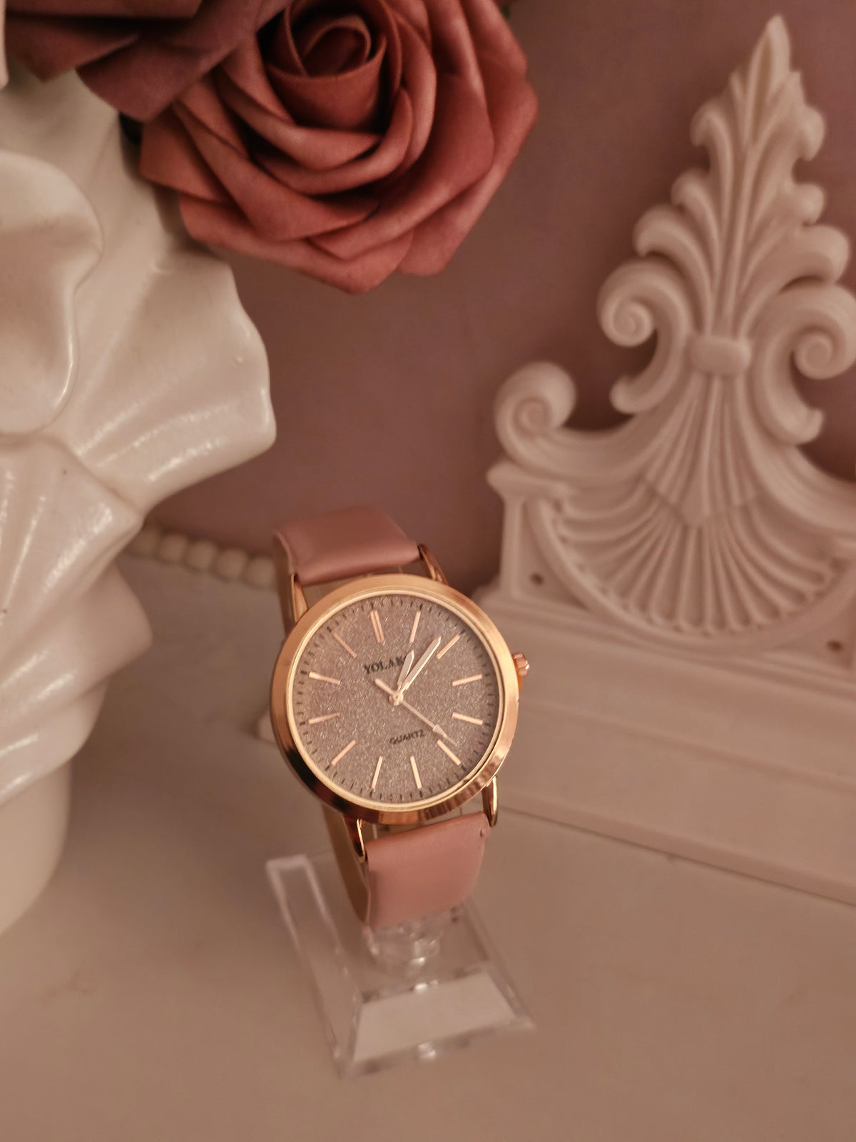 Ladies Pink with Gold Rimmed Large Faced Wristwatch