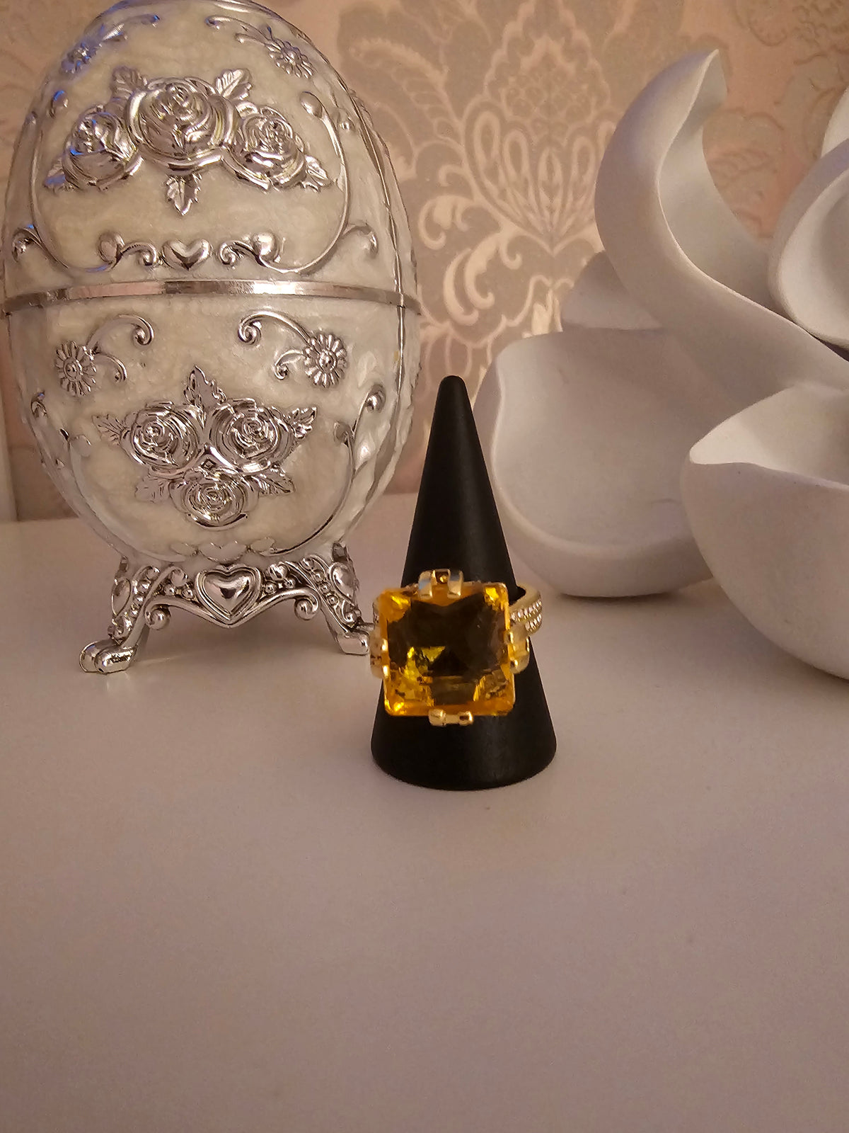 Ladies Gold Dress Ring with Amber Stone Setting with diamond detailing