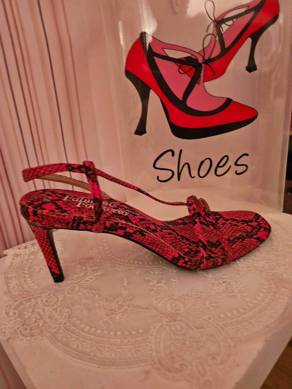 Ladies Red & Black Strappy Snakeskin Slingbacks