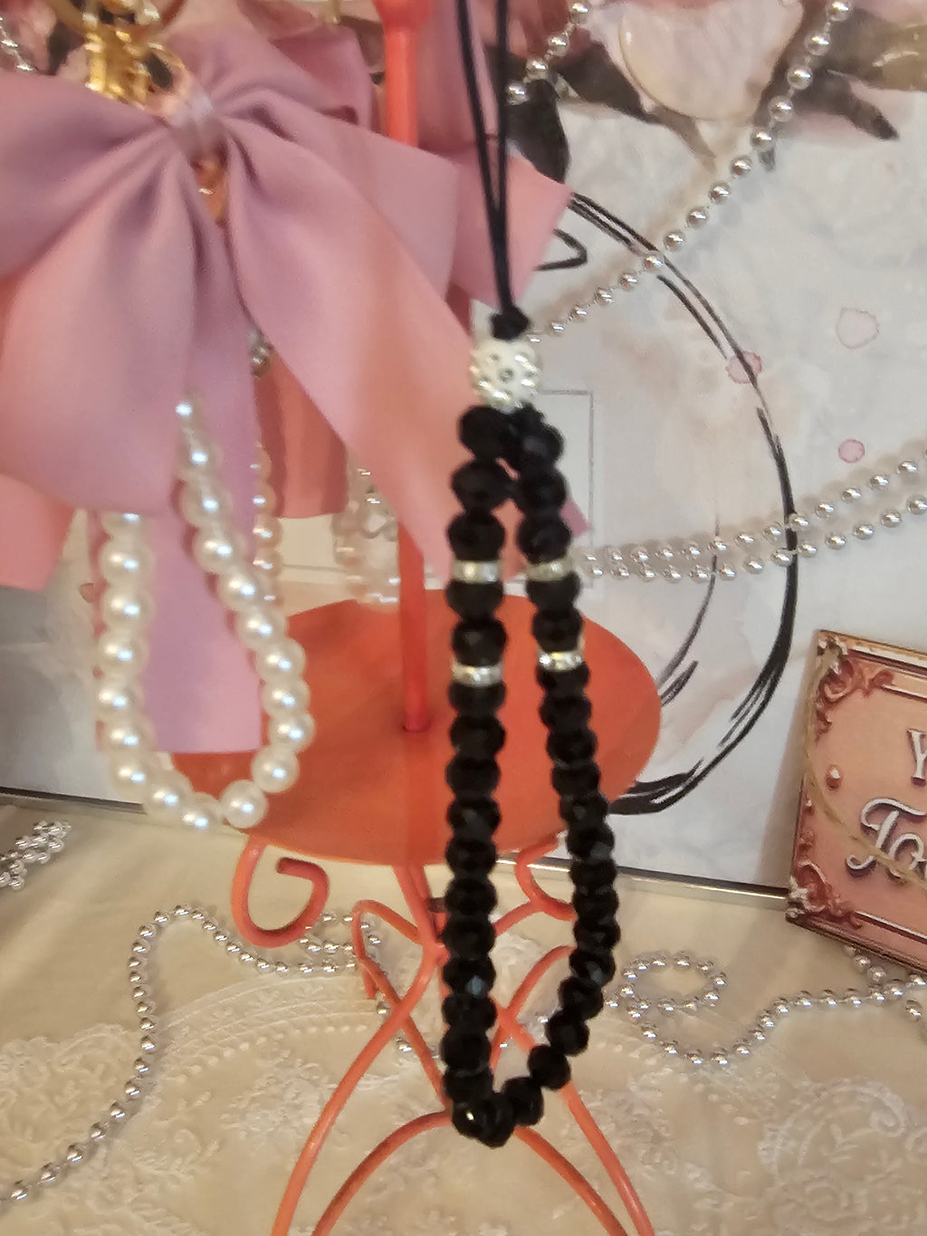 Ladies Black Sequenced Pearl Accessory for Phone, Purse or Handbag