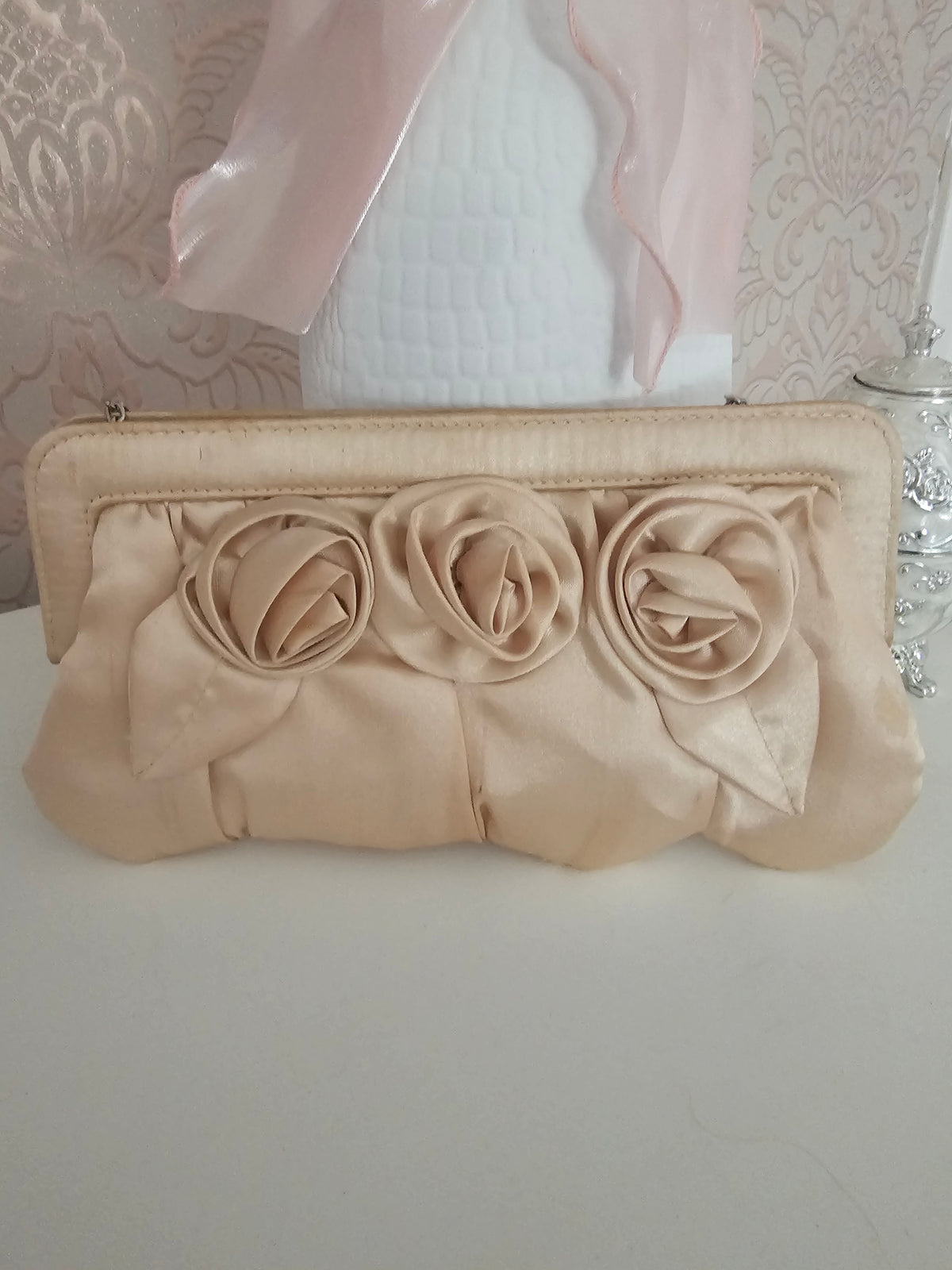 Ladies Beige Satin Rose detailed Clutch purse