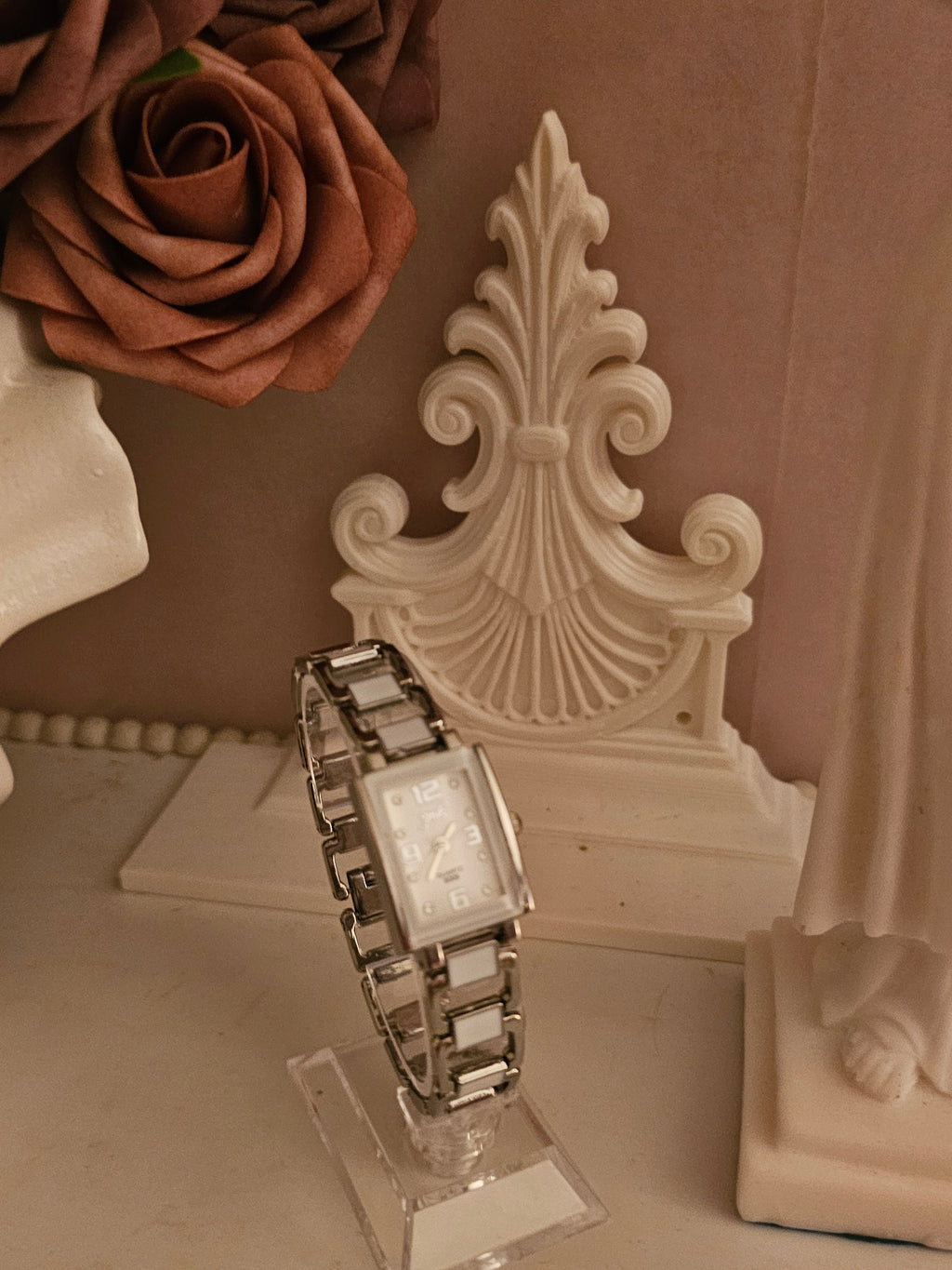 Ladies Silver Square Faced with White detailing Watch