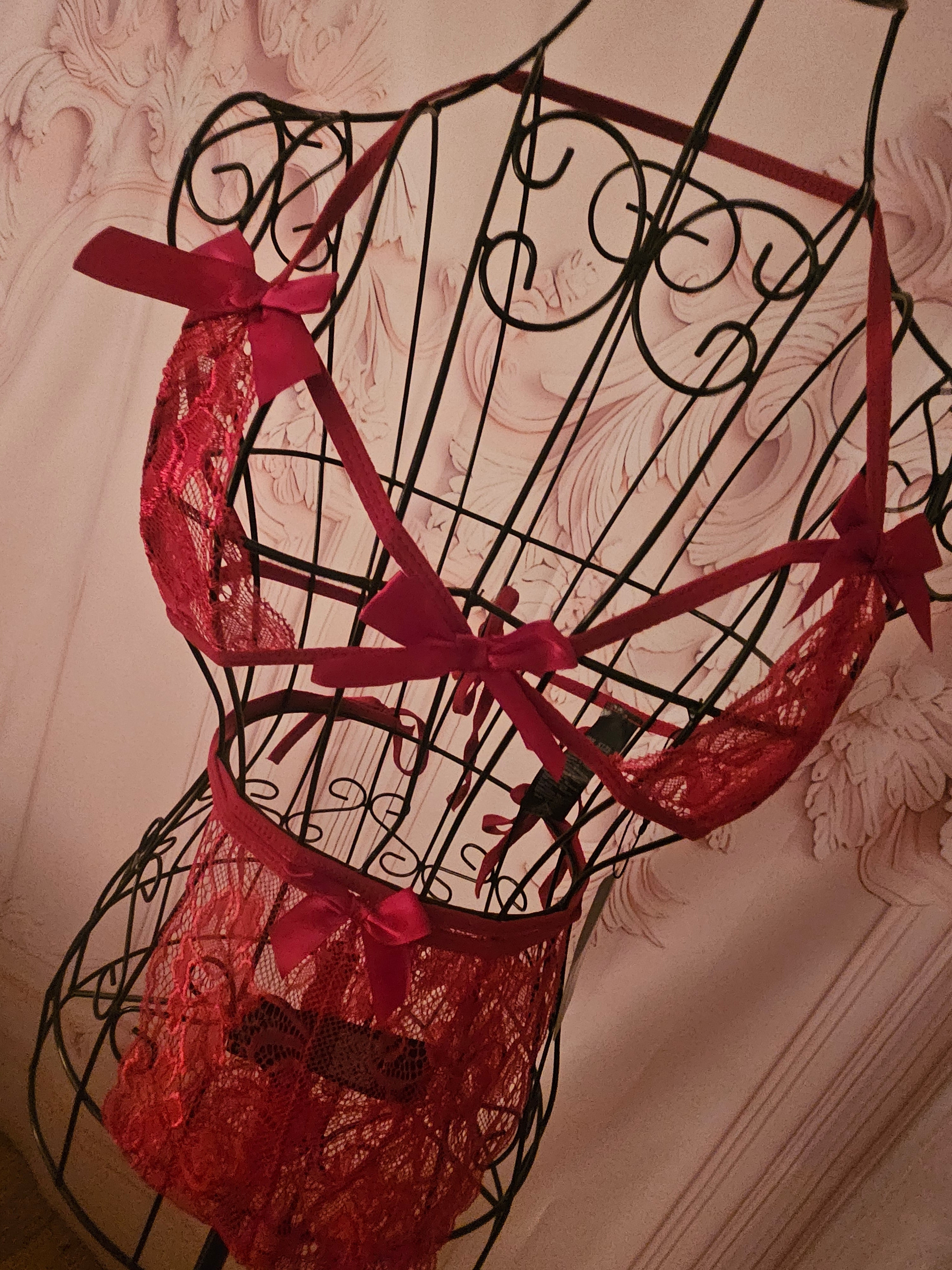 Ladies red lacy underwear set with red bows