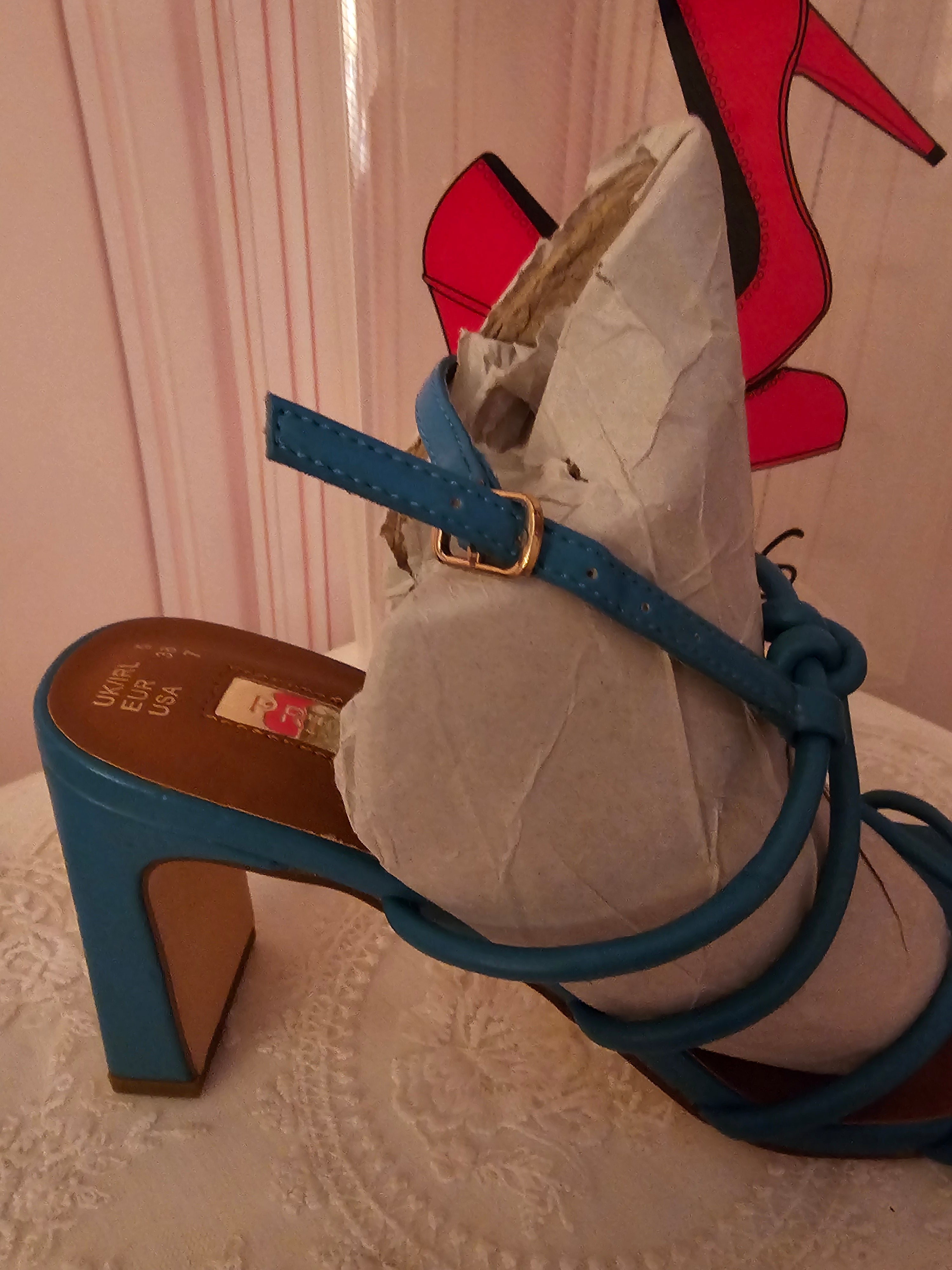 Ladies Turquoise Block Heeled Strappy Heels
