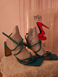 Ladies Turquoise Block Heeled Strappy Heels