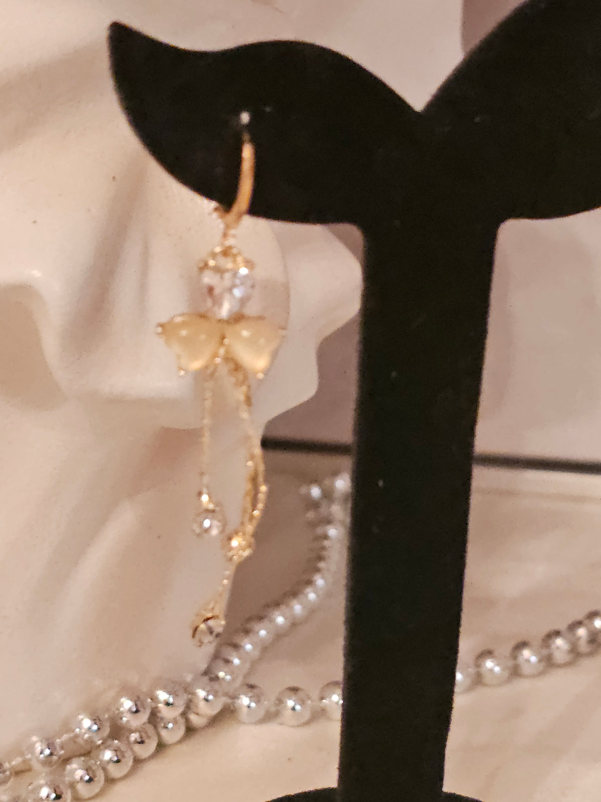 Ladies Gold Elegant Bow and Crystal Droplet Earrings