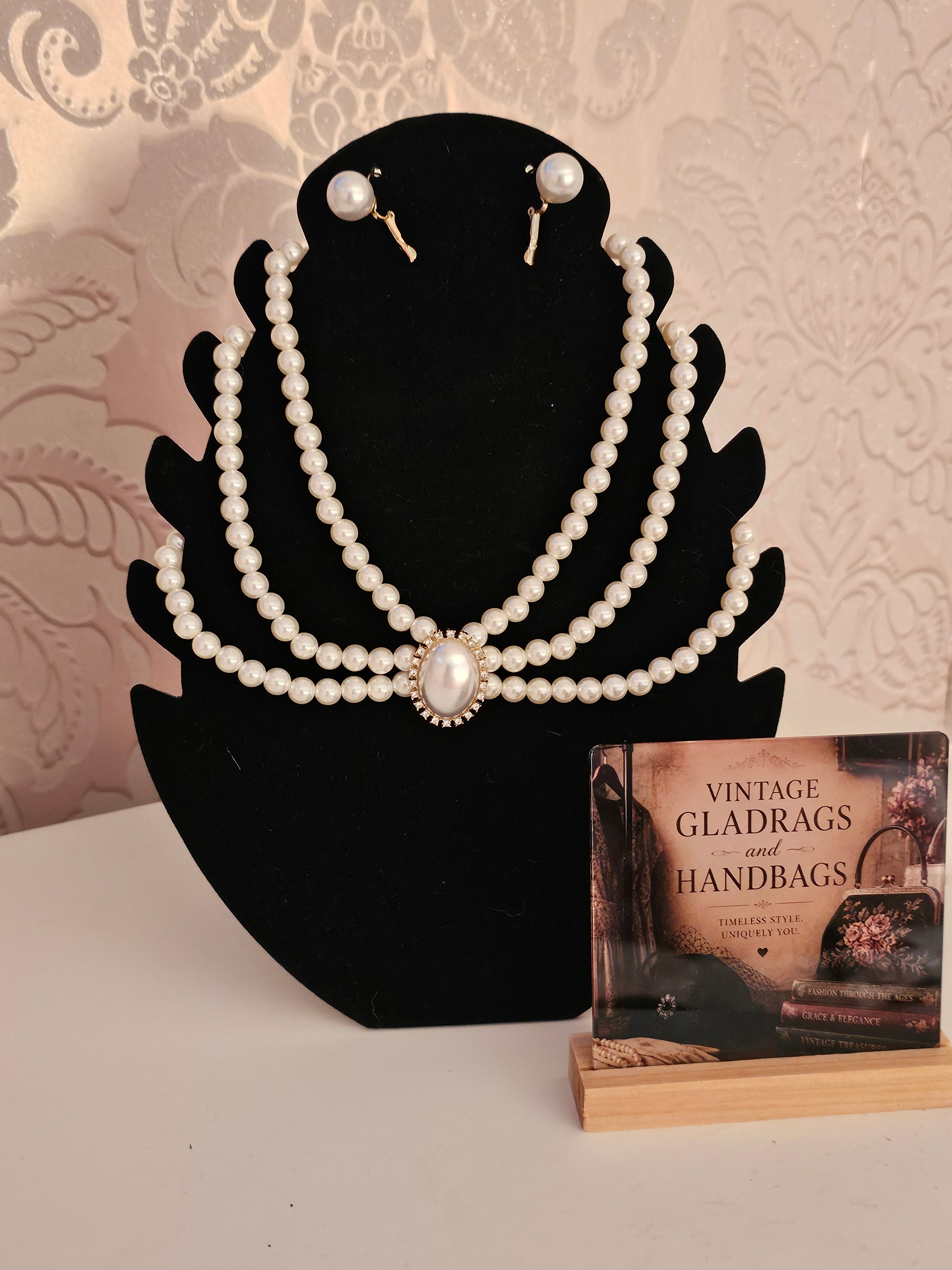 Ladies 3 String Pearl choker with Pearl Ball Earrings