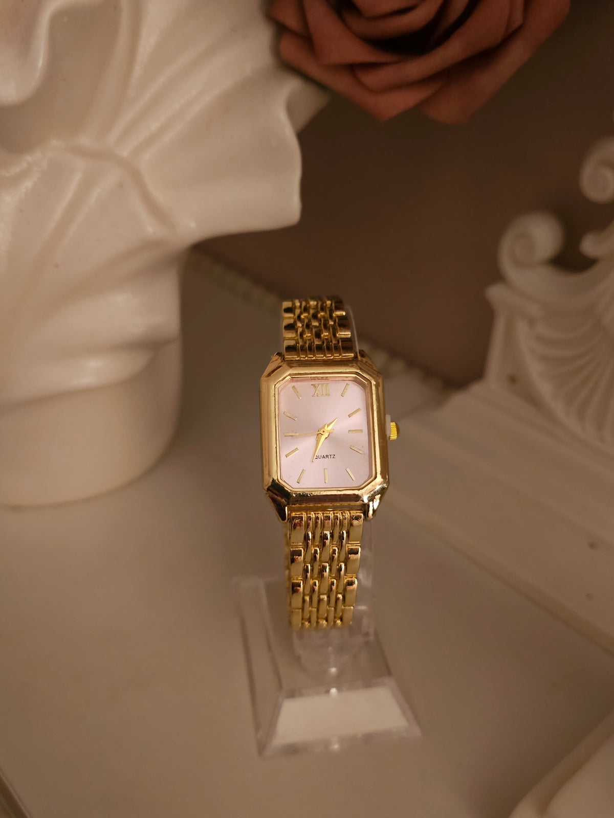 Ladies Gold Chain Bracelet with Pink Square Faced Watch