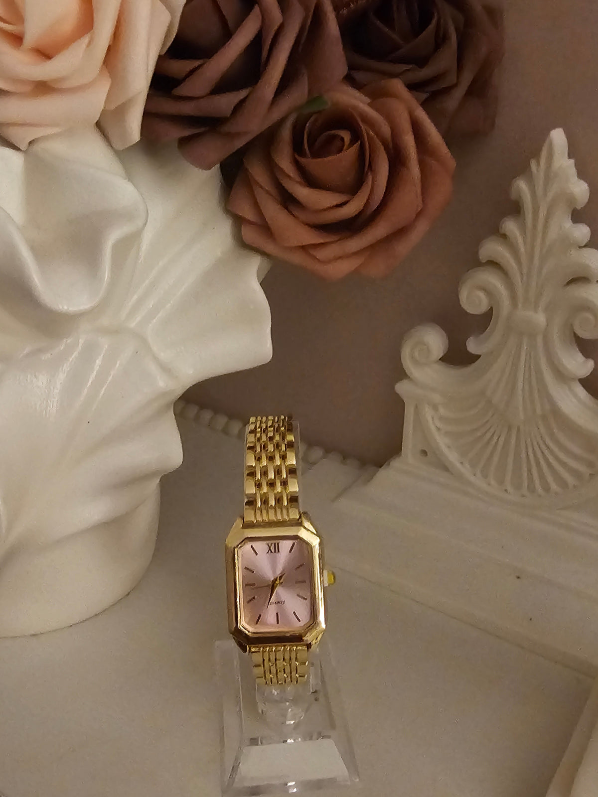 Ladies Gold Chain Bracelet with Pink Square Faced Watch