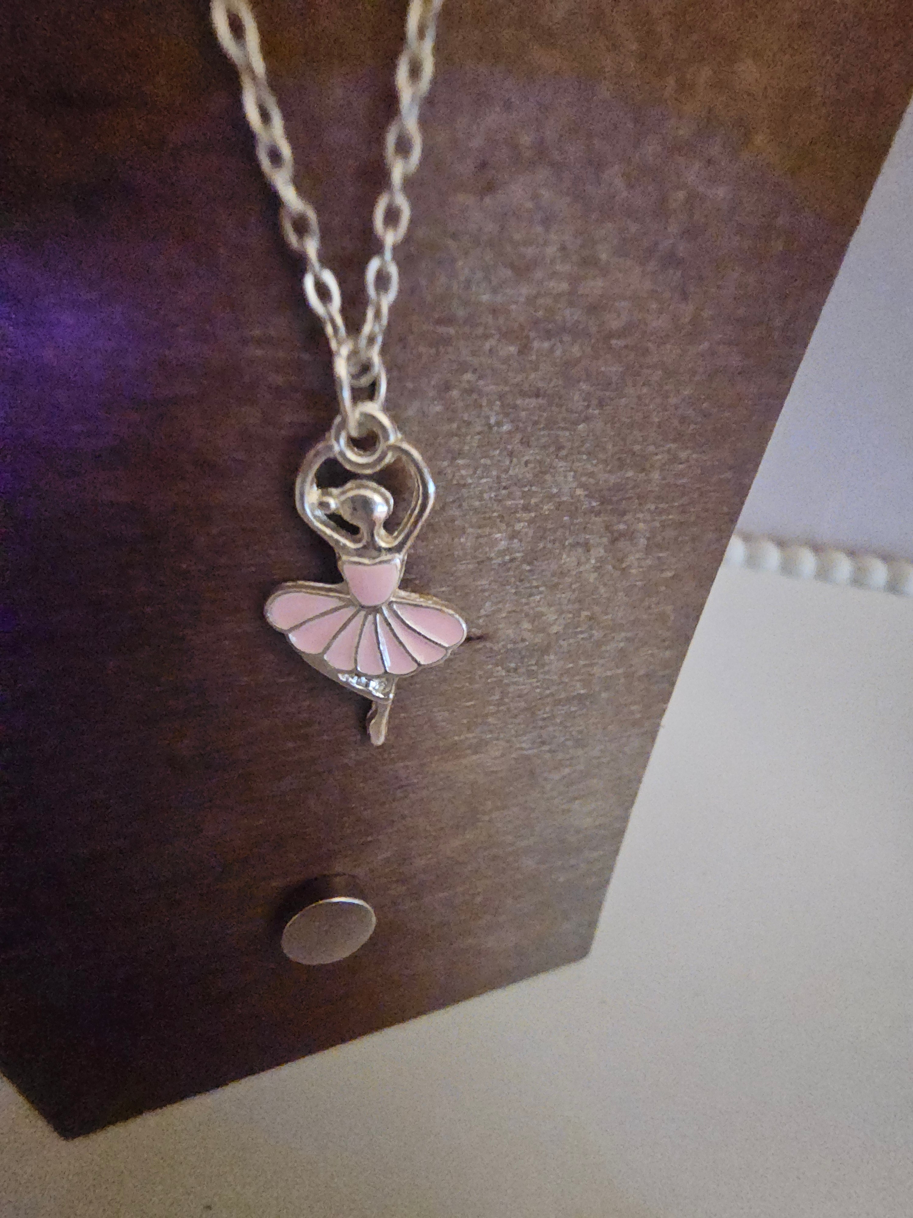 Dainty pink ballerina pendant on silver necklace