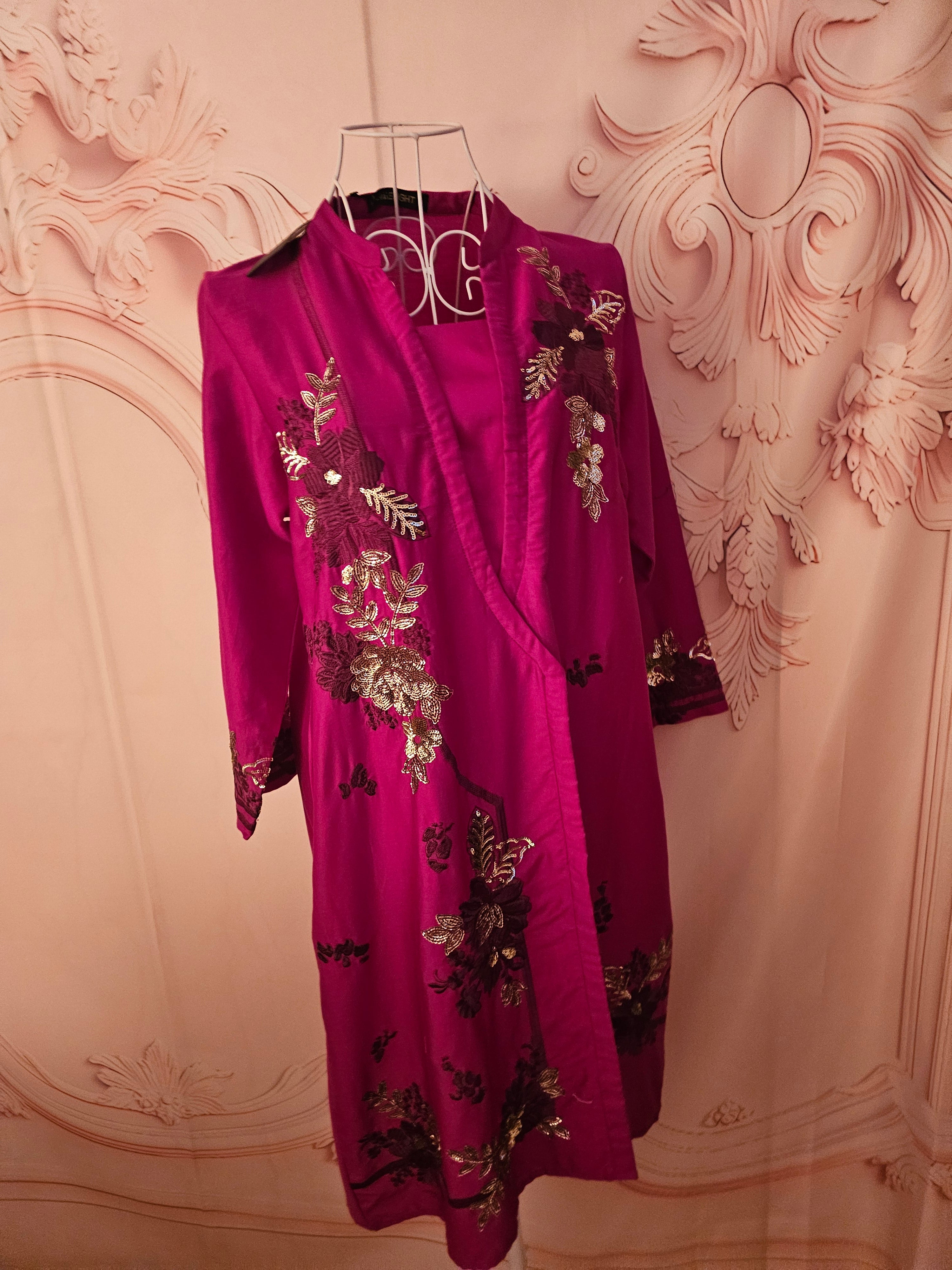 Limelight Cerise Pink Satin Embroidered Dress — 3/4 Sleeve — Size S