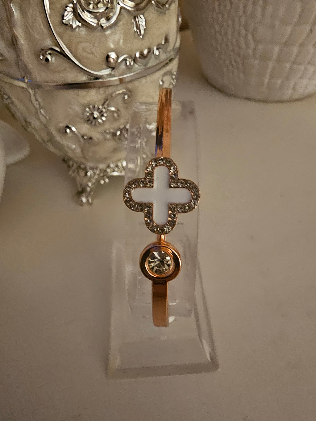 Ladies Rose Gold & White Cross Design Solid Bangle