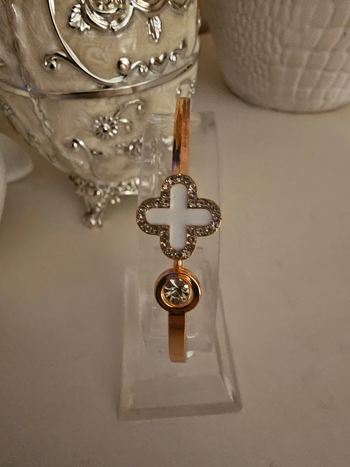 Ladies Rose Gold & White Cross Design Solid Bangle