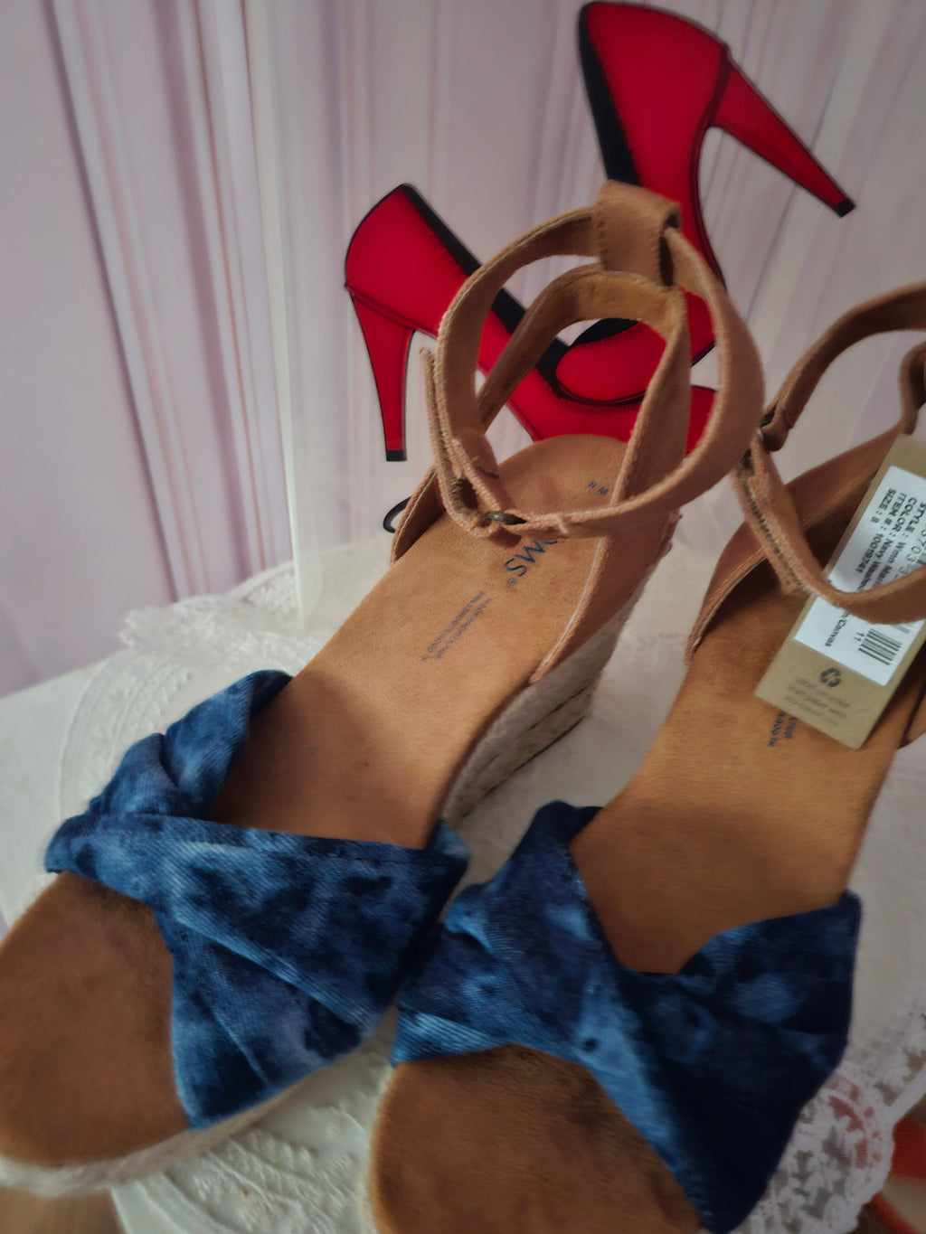 Ladies Toms Blue espadrille Wedges with brown leather ankle strap
