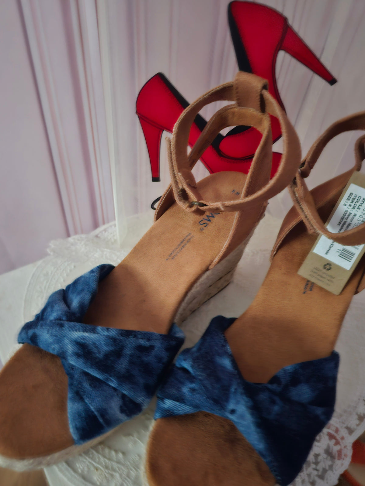 Ladies Toms Blue espadrille Wedges with brown leather ankle strap