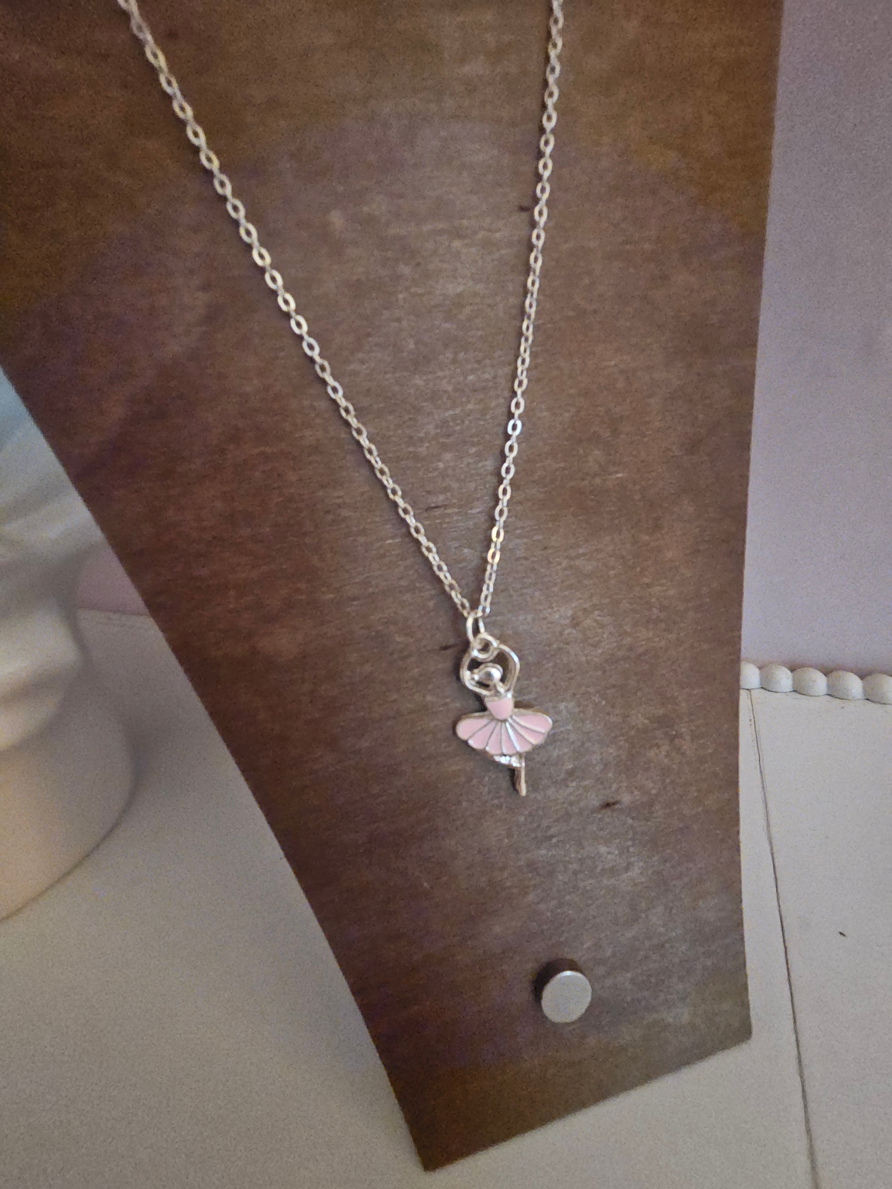 Dainty pink ballerina pendant on silver necklace