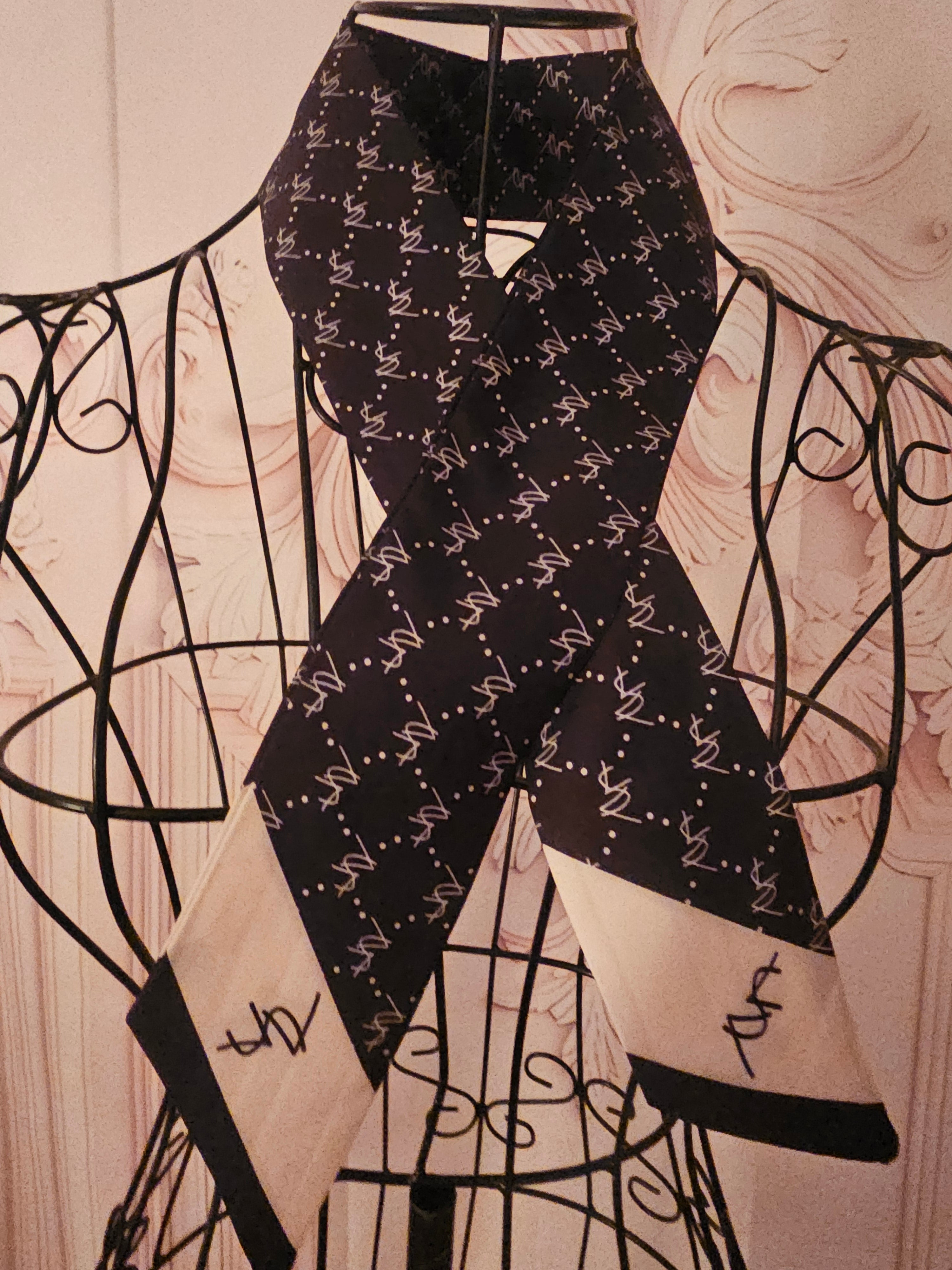 Ladies Black & Cream Silk Neck Tie Scarf