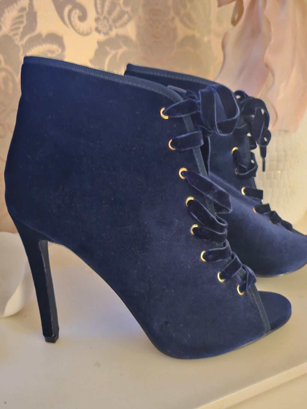 Ladies Glamourous Navy Blue Velvet Toeless Stiletto Ankle Boots