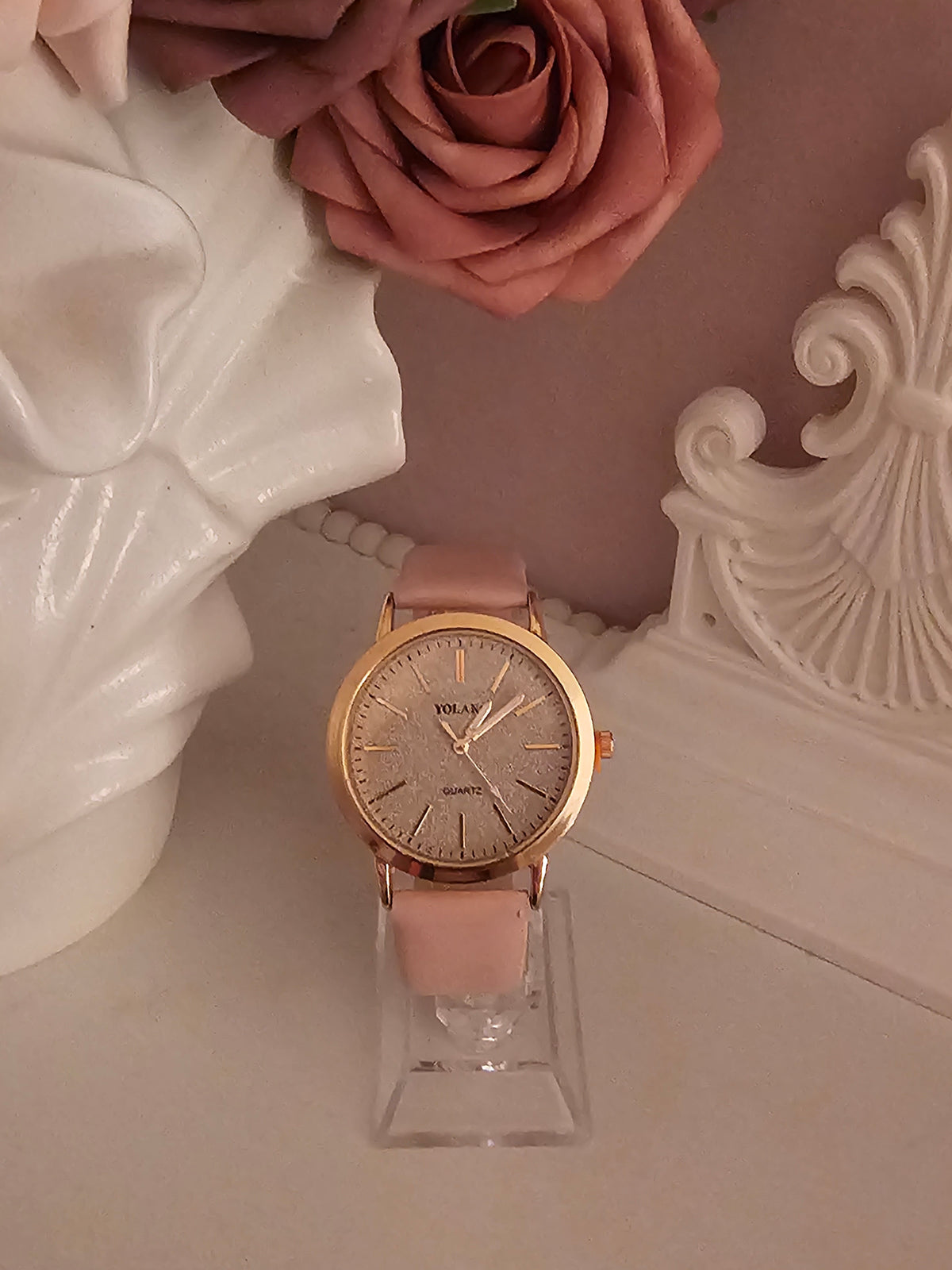 Ladies Pink with Gold Rimmed Large Faced Wristwatch