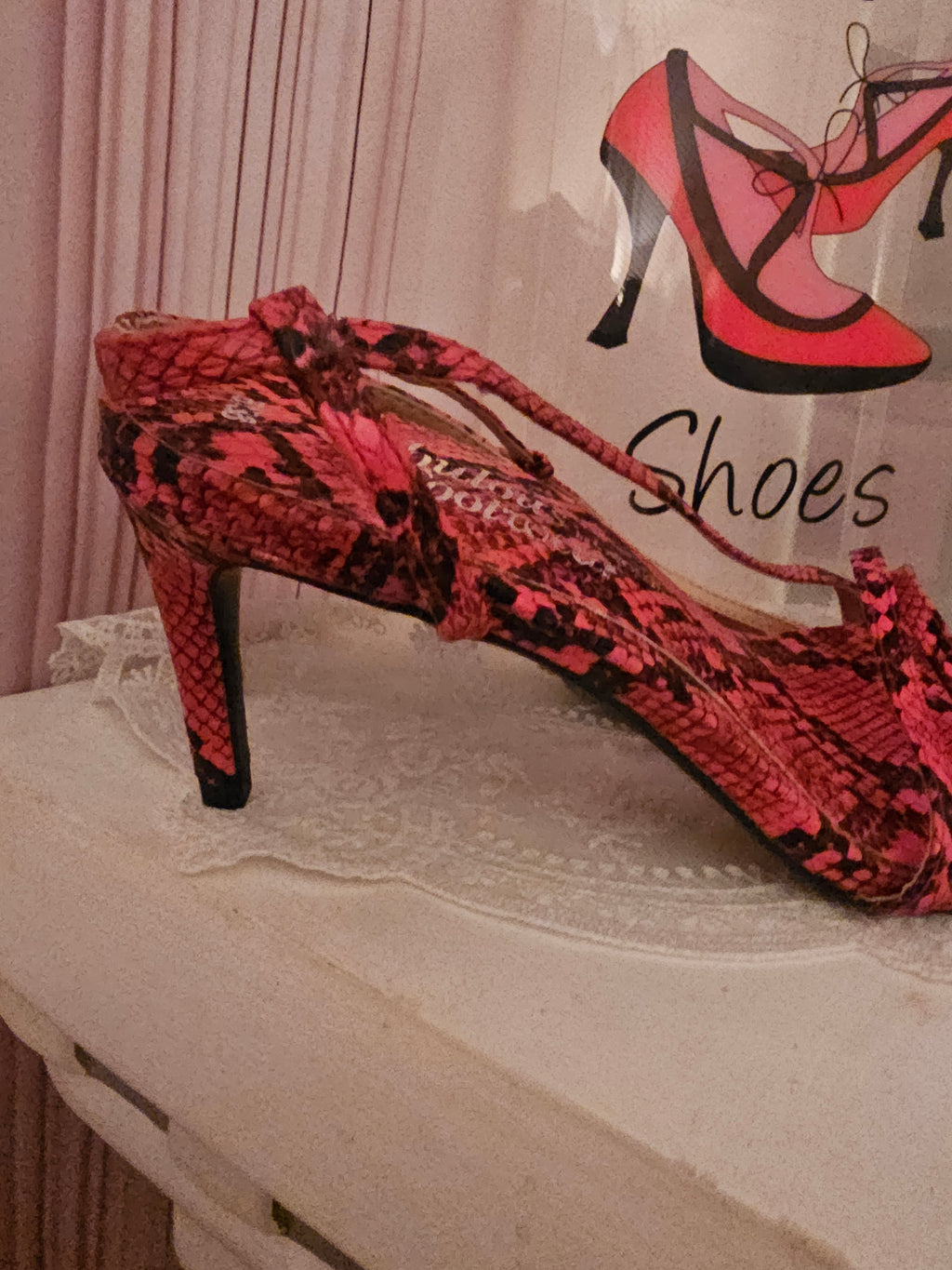 Ladies Red & Black Strappy Snakeskin Slingbacks