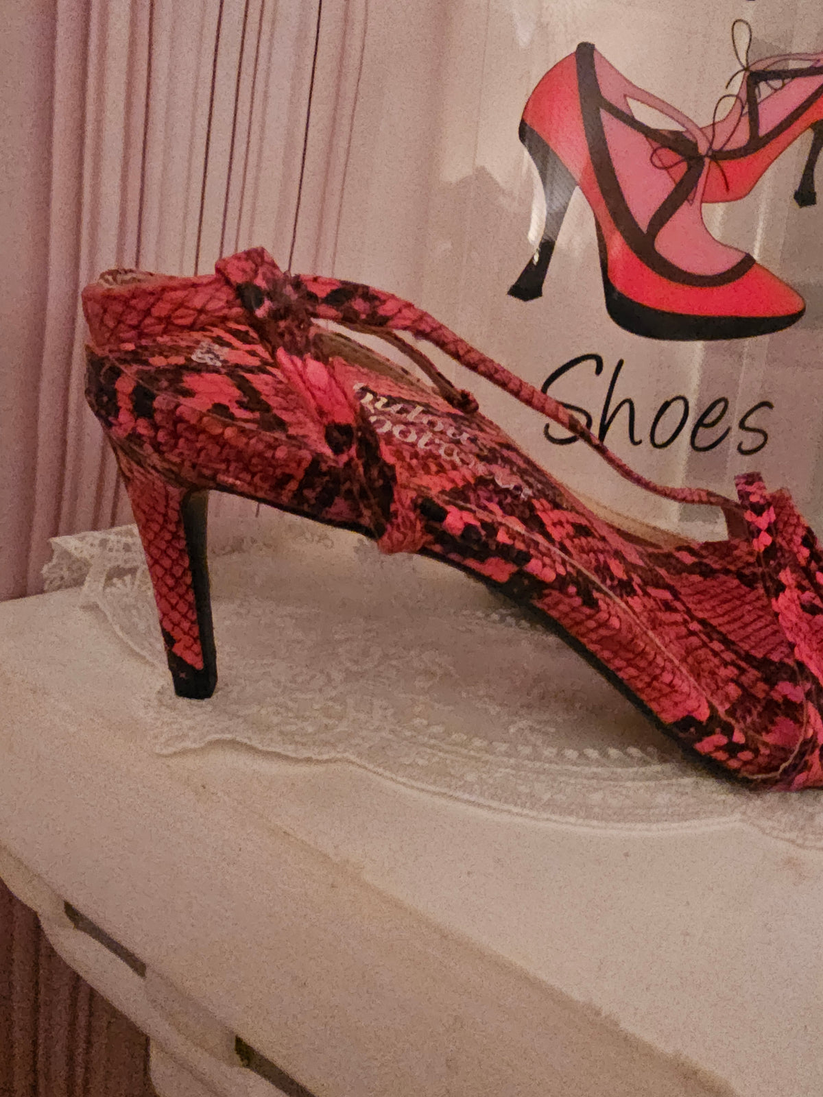 Ladies Red & Black Strappy Snakeskin Slingbacks