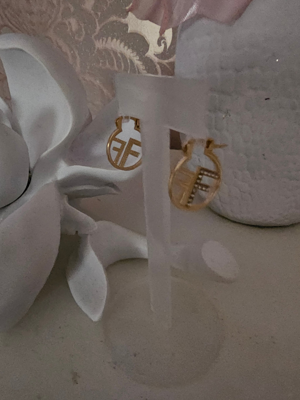 Ladies Gold & Diamonte Fendi Style Design Earrings