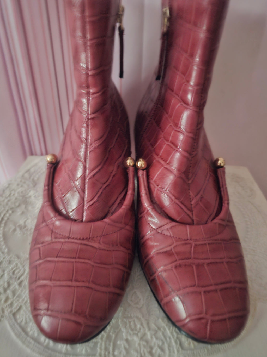 Pink Crocodile Skin Paitent Ankle Boots