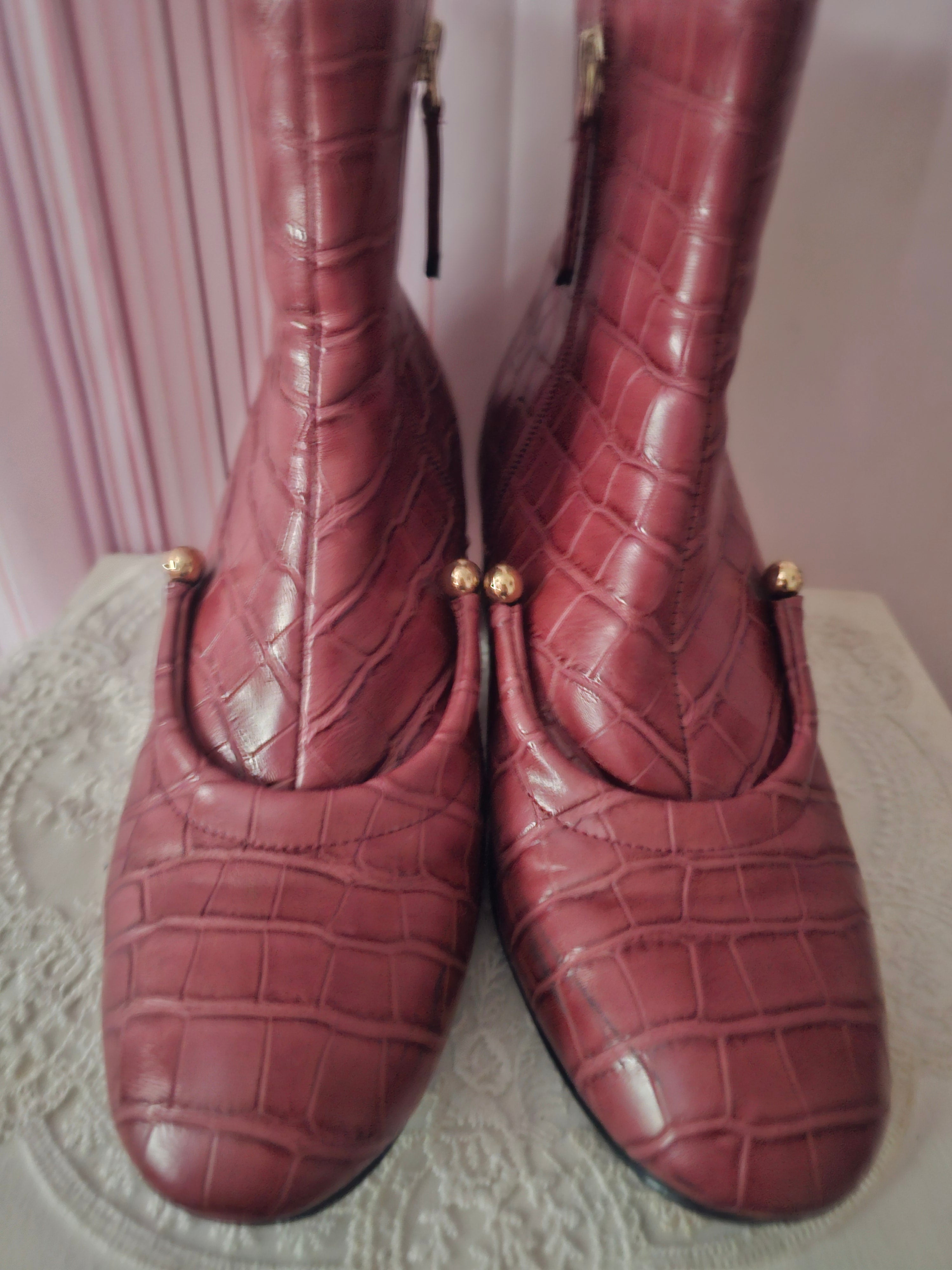 Pink Crocodile Skin Paitent Ankle Boots