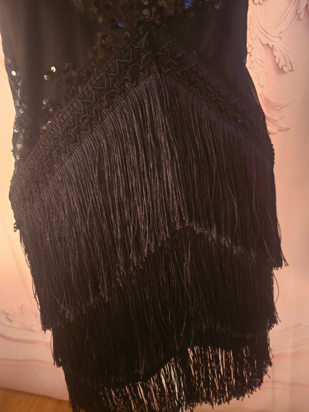 Ladies black evening sequenced fringed cocktail dress