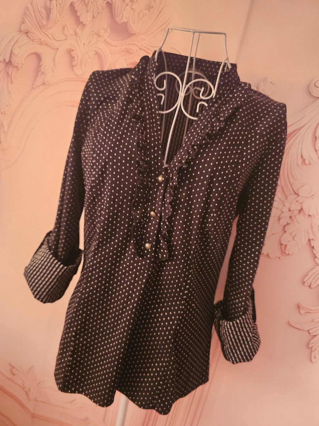 Ladies Next Black & White Polka Dot frilled Top