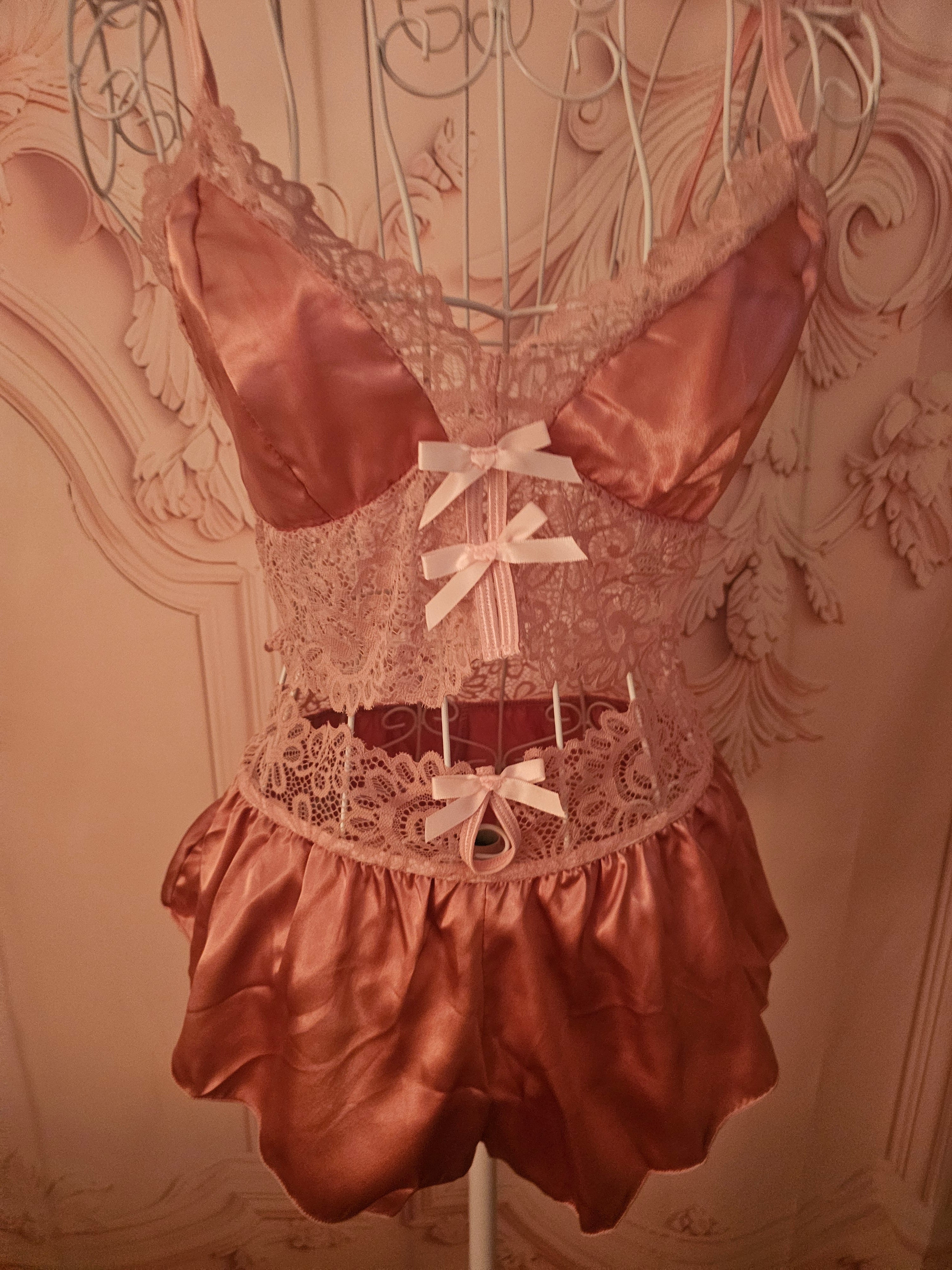 Ladies Satin Dusky Pink Baby Doll Crop Top & French Satin Knickers Underwear Set