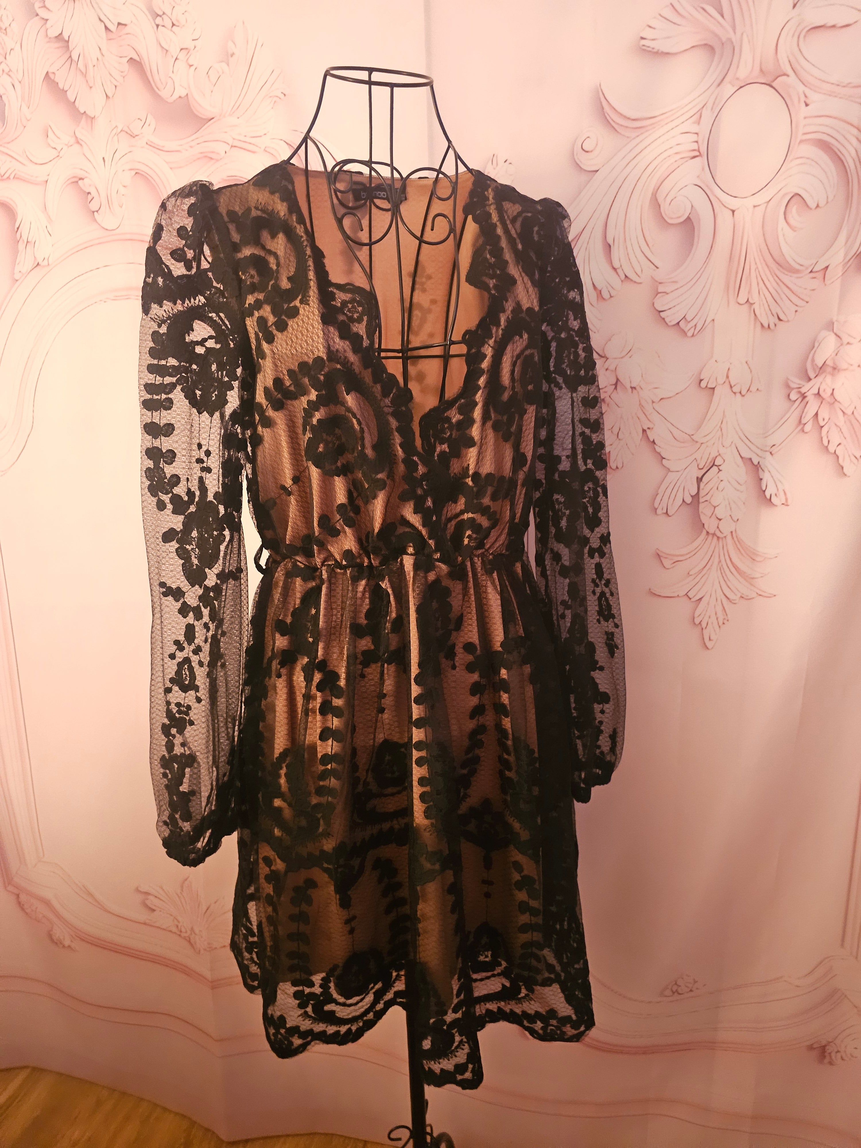 Ladies black lacy boohoo evening dress