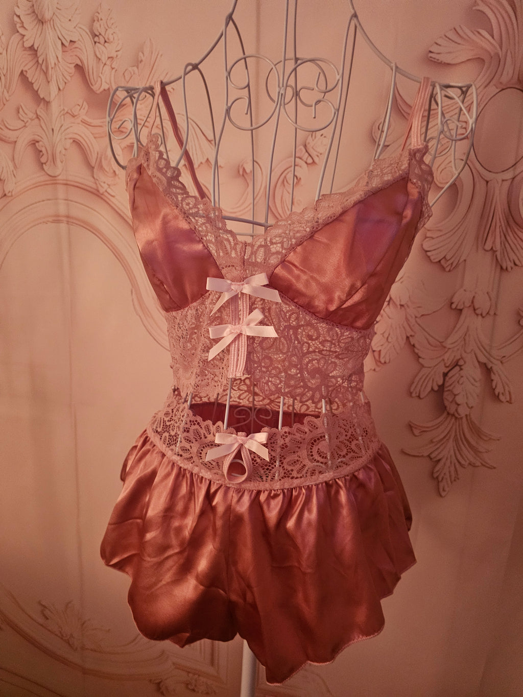Ladies Satin Dusky Pink Baby Doll Crop Top & French Satin Knickers Underwear Set