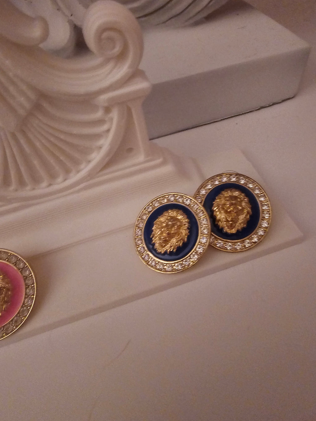 Ladies x 2 versace style design navy blue and pink earrings