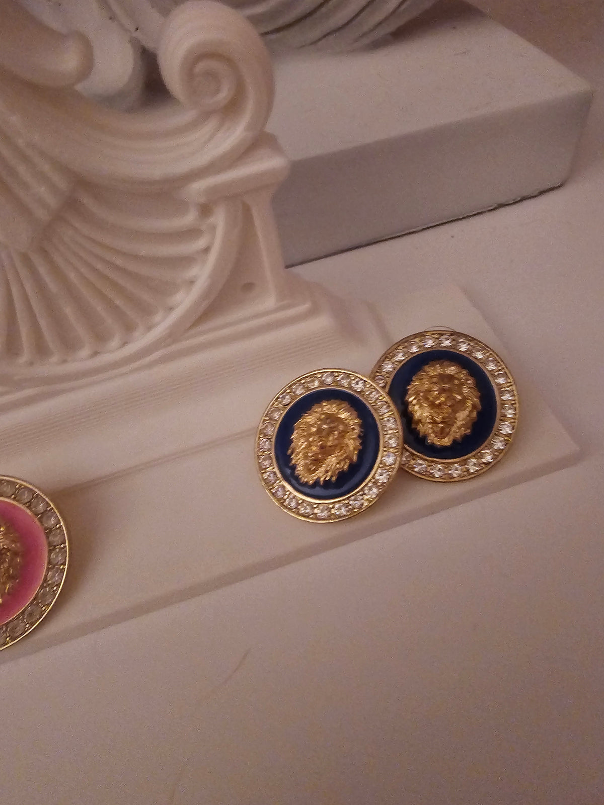 Ladies x 2 versace style design navy blue and pink earrings
