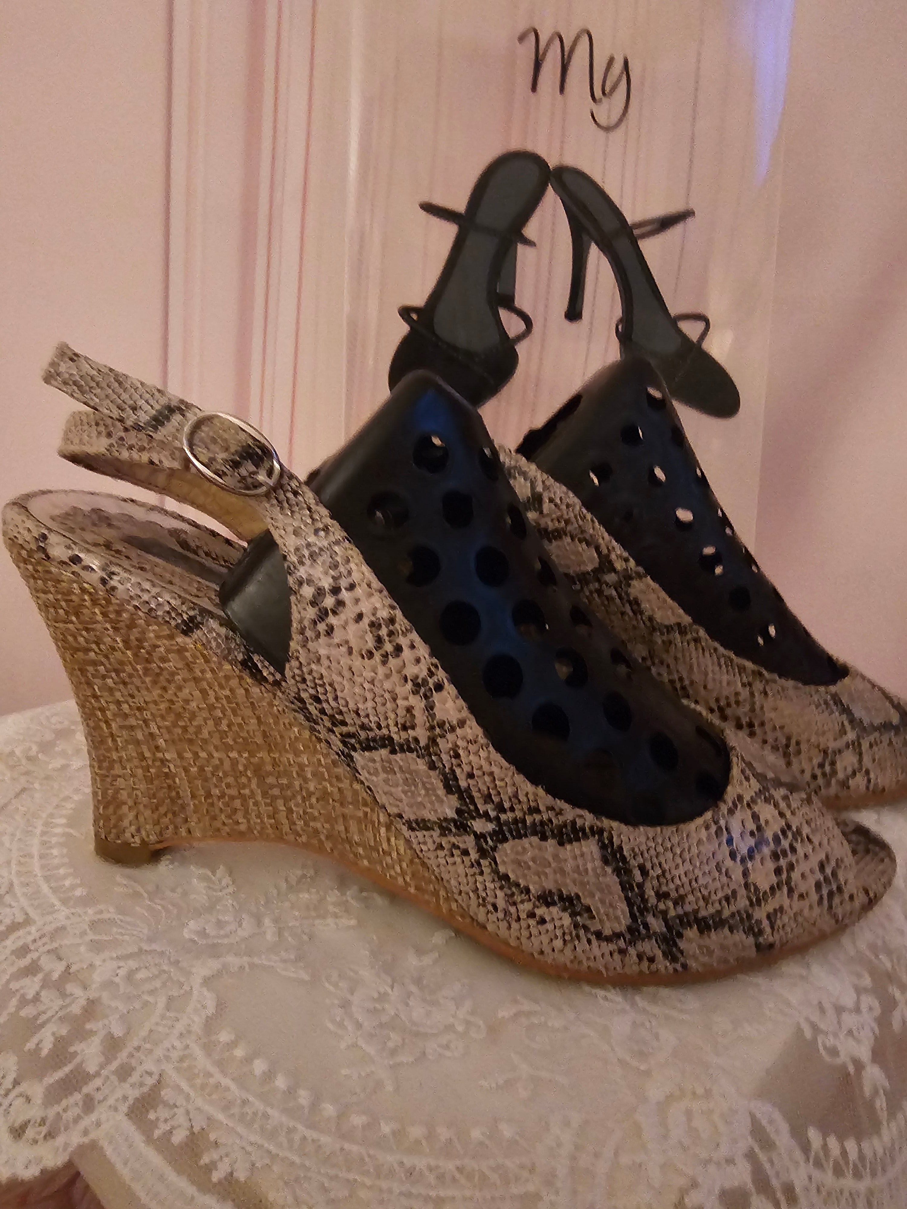 Ladies Snakeskin Peep Toe Slingback Wedges