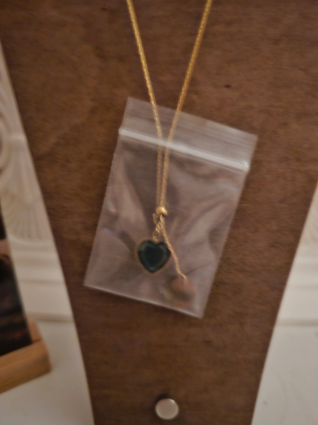 Ladies Gold Necklace with Emerald Green Heart and Gold Circle Pendant