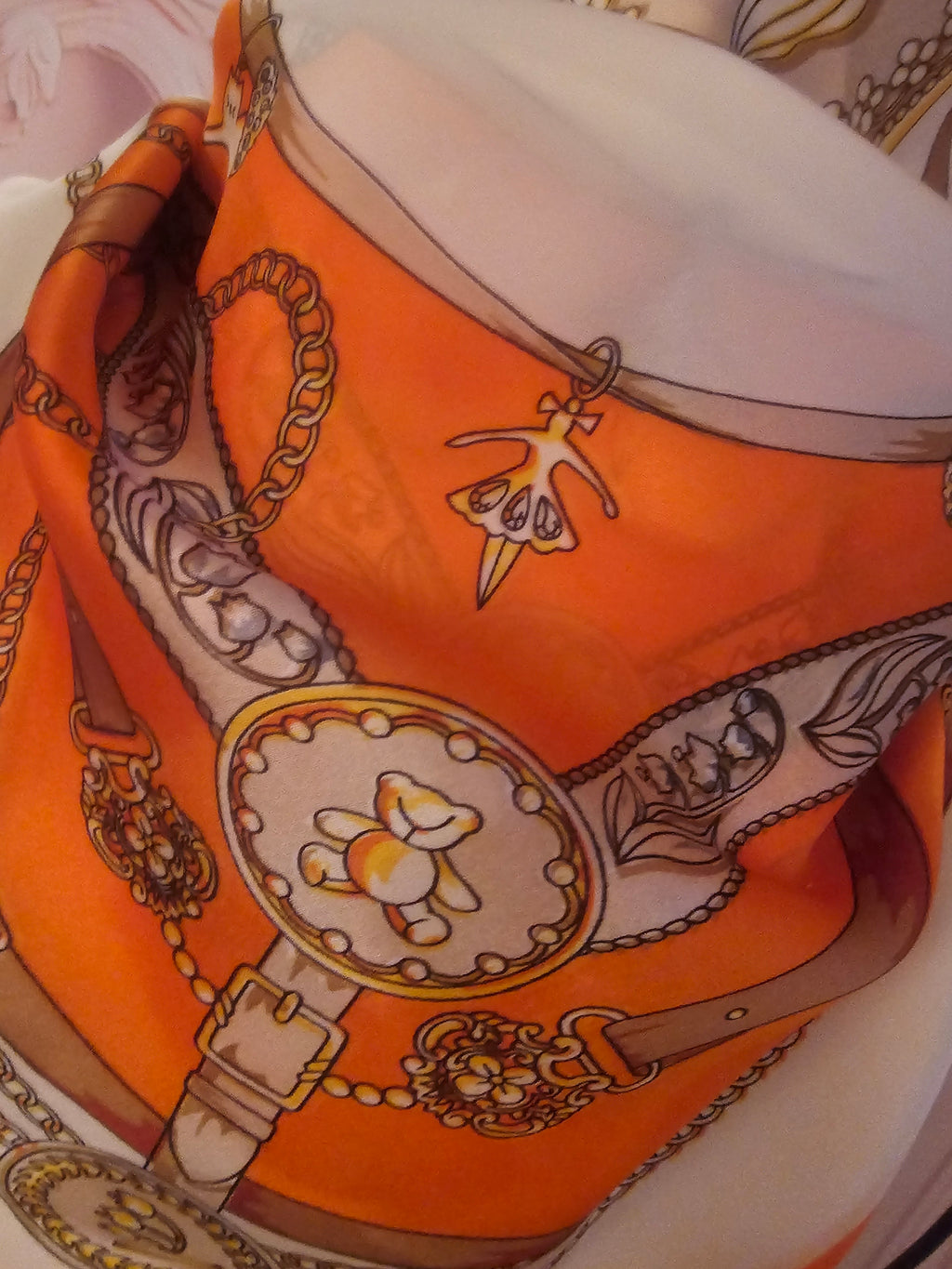 Ladies Orange & Cream with Classy Gold Detailing Silk Blend Head/Neck  Scarf