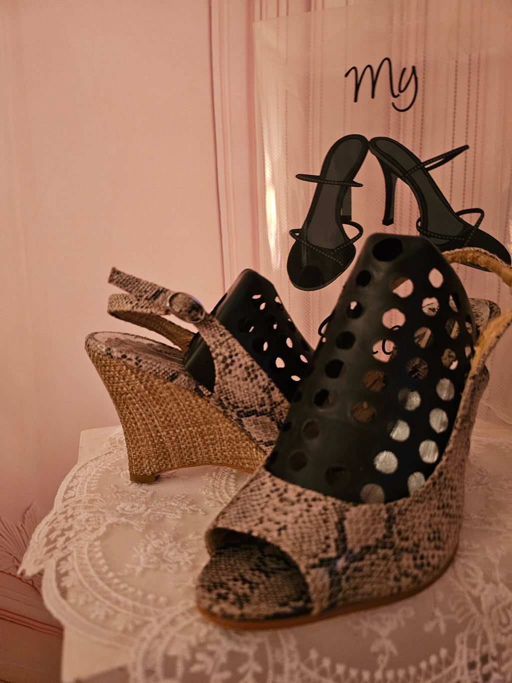 Ladies Snakeskin Peep Toe Slingback Wedges