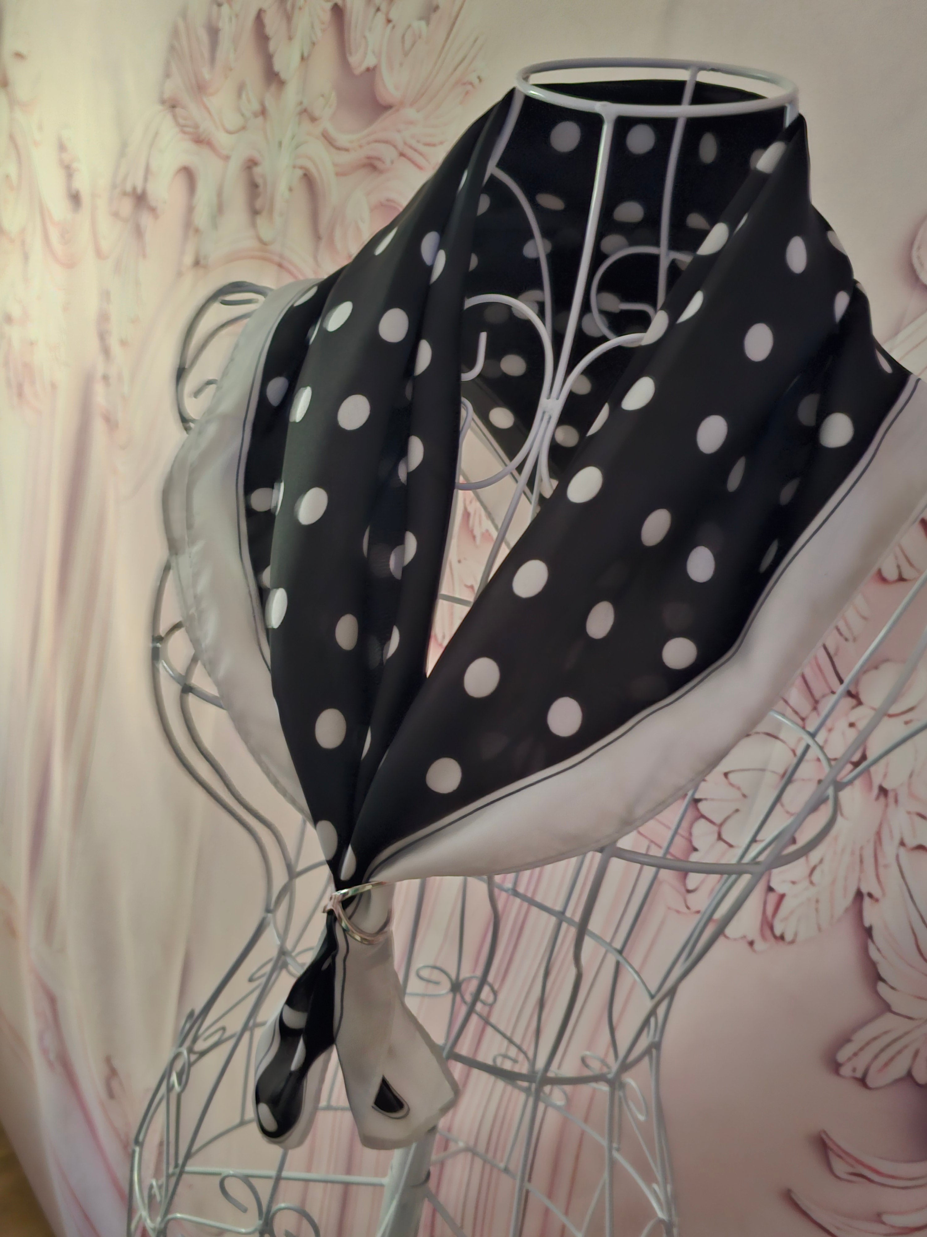 Ladies Black and White Polka Dot Silk Head Scarf