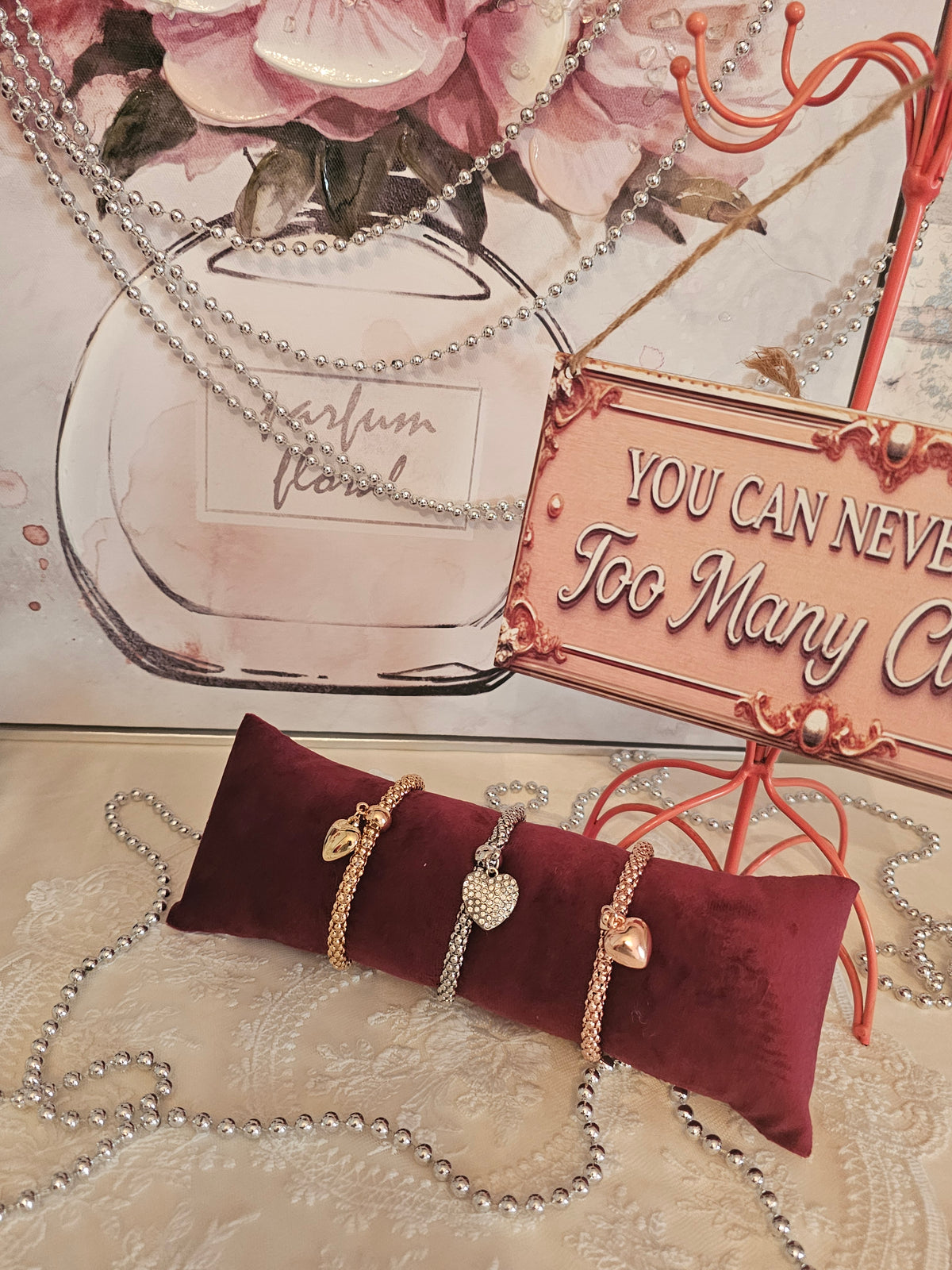 Ladies 3 x bracelets with heart charm set 1 x silver 1 x gold 1 x rose gold
