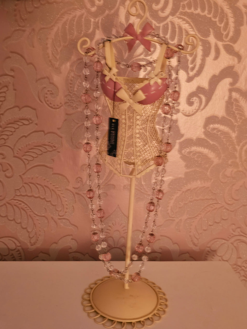 Ladies Marks & Spencer Jewellery Holder with Pink with Clear Beads Long Necklace