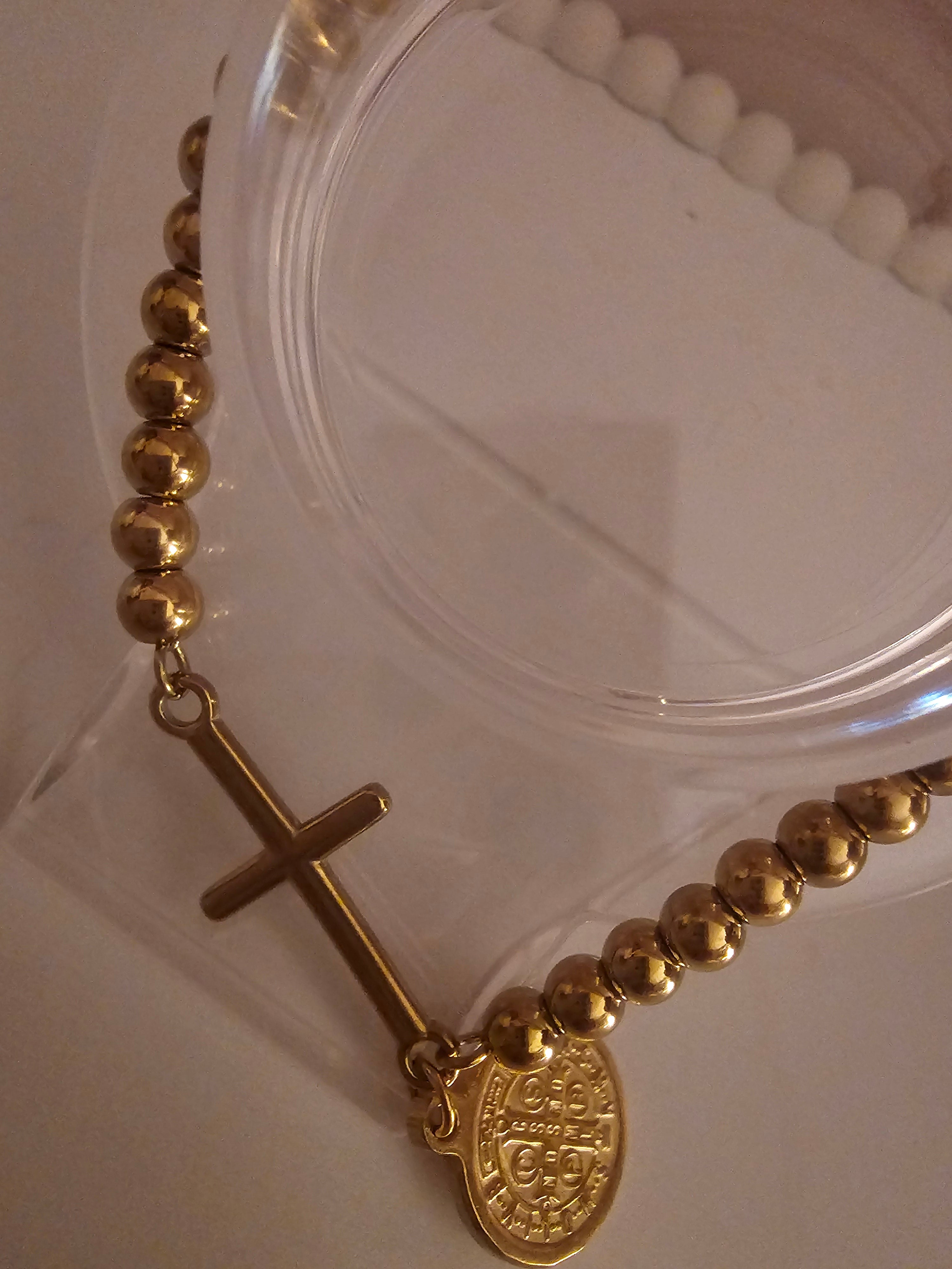 Ladies Gold plated ball bracelet with cross & medal charm