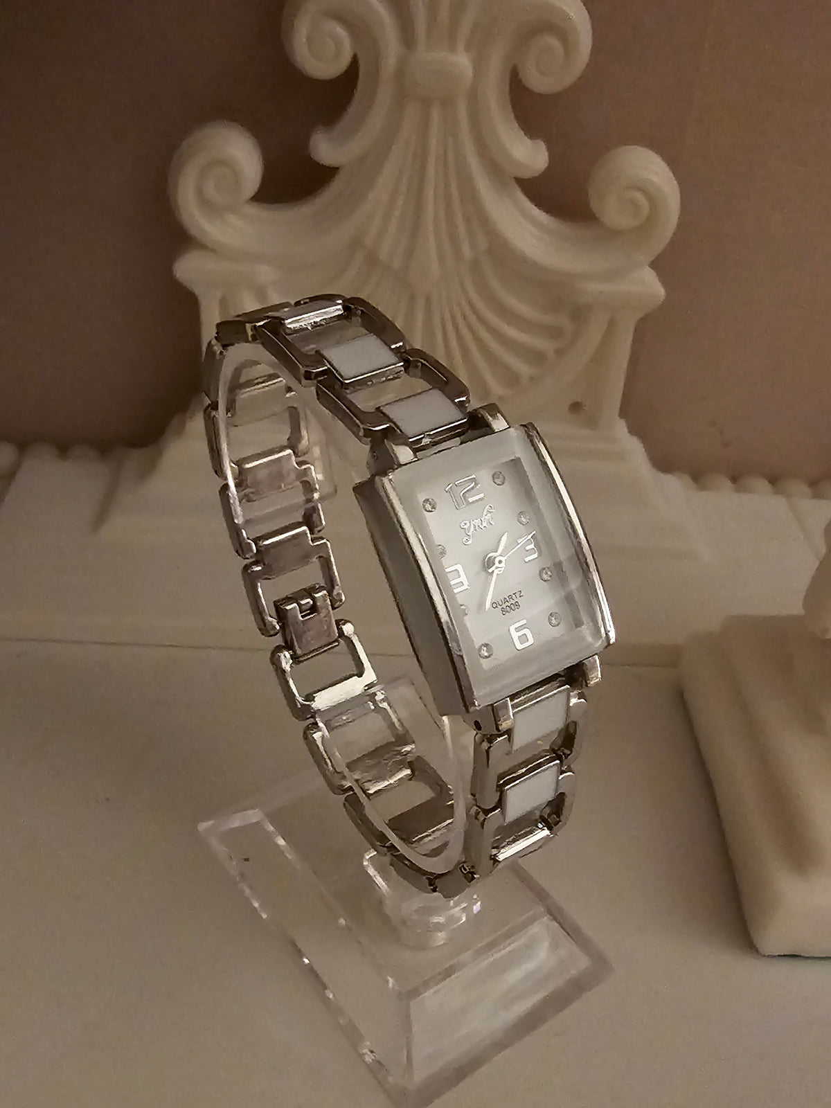 Ladies Silver Square Faced with White detailing Watch