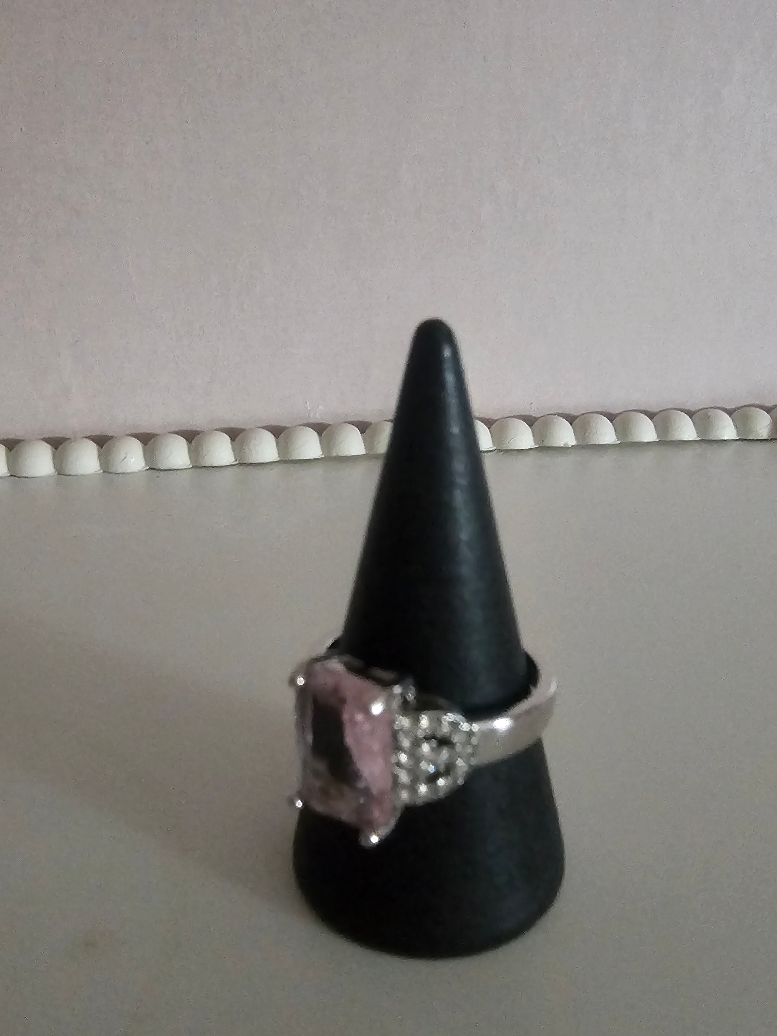 Ladies silver with silver diamonte shank and centre pink square diamond design dress ring