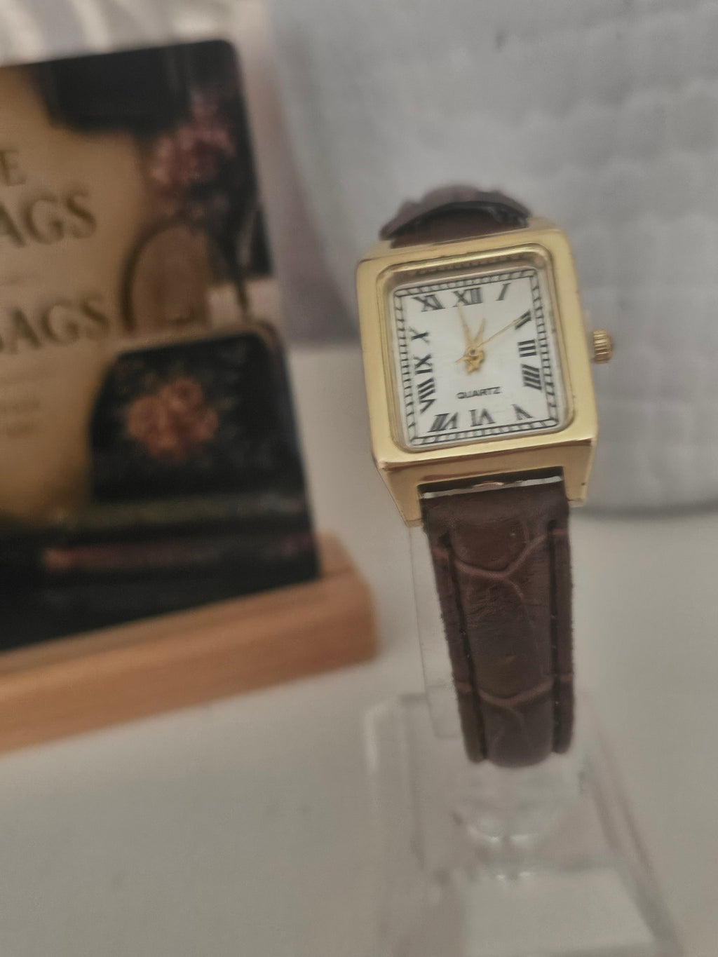 Ladies Brown Crocodile Strap with Gold Square Face Watch