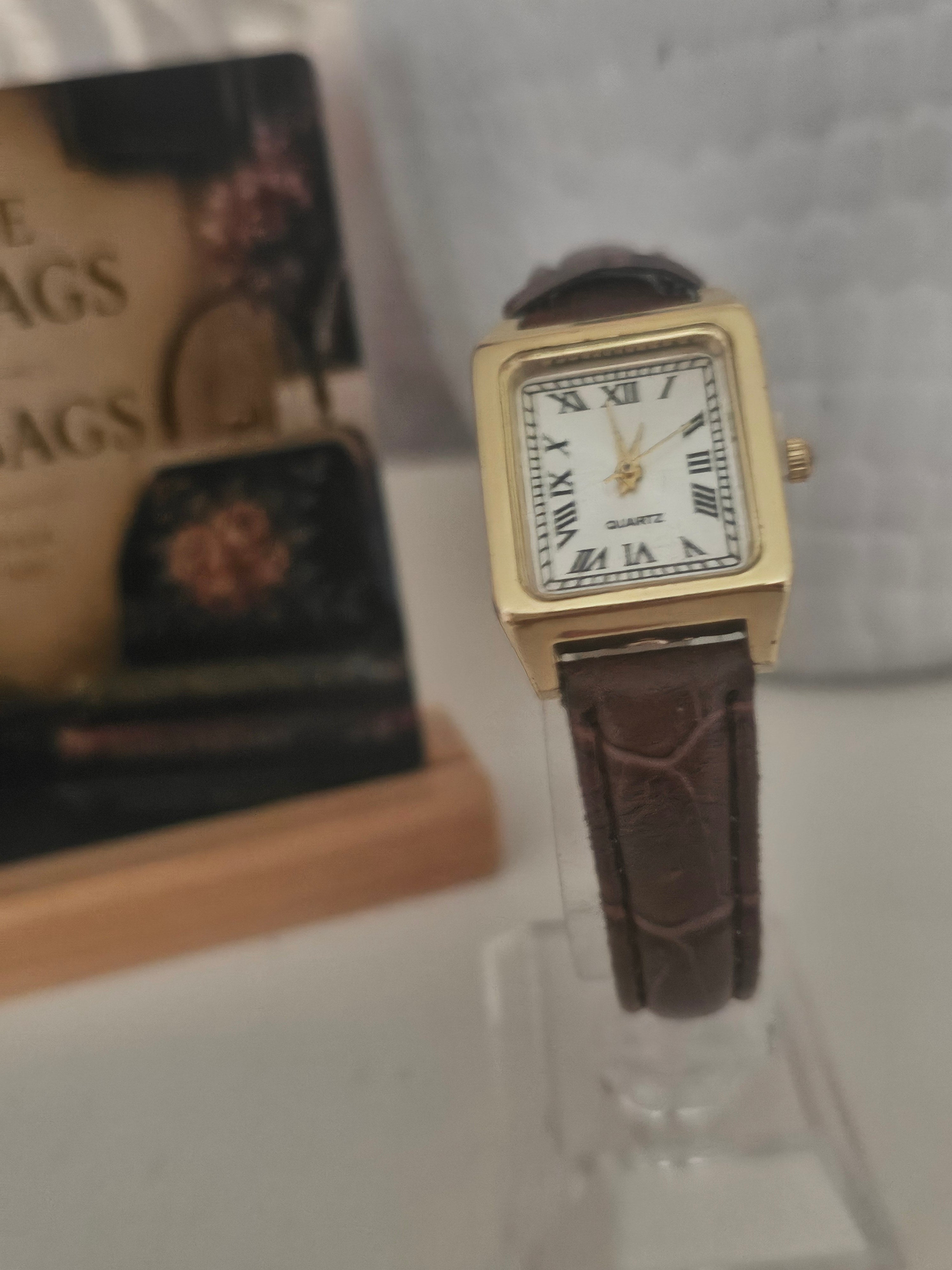 Ladies Brown Crocodile Strap with Gold Square Face Watch